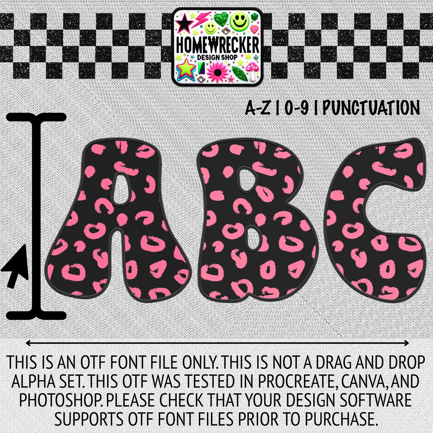 Black Pink Leopard OTF Font, Faux Embroidery, Groovy Letter Style OTF Font Clipart Make your own designs Digital Download