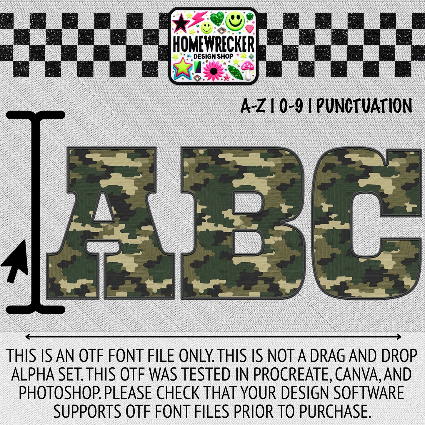 Camo #1 OTF Font, Faux Embroidery, Block Letter Style OTF Font Clipart Make your own designs Digital Download