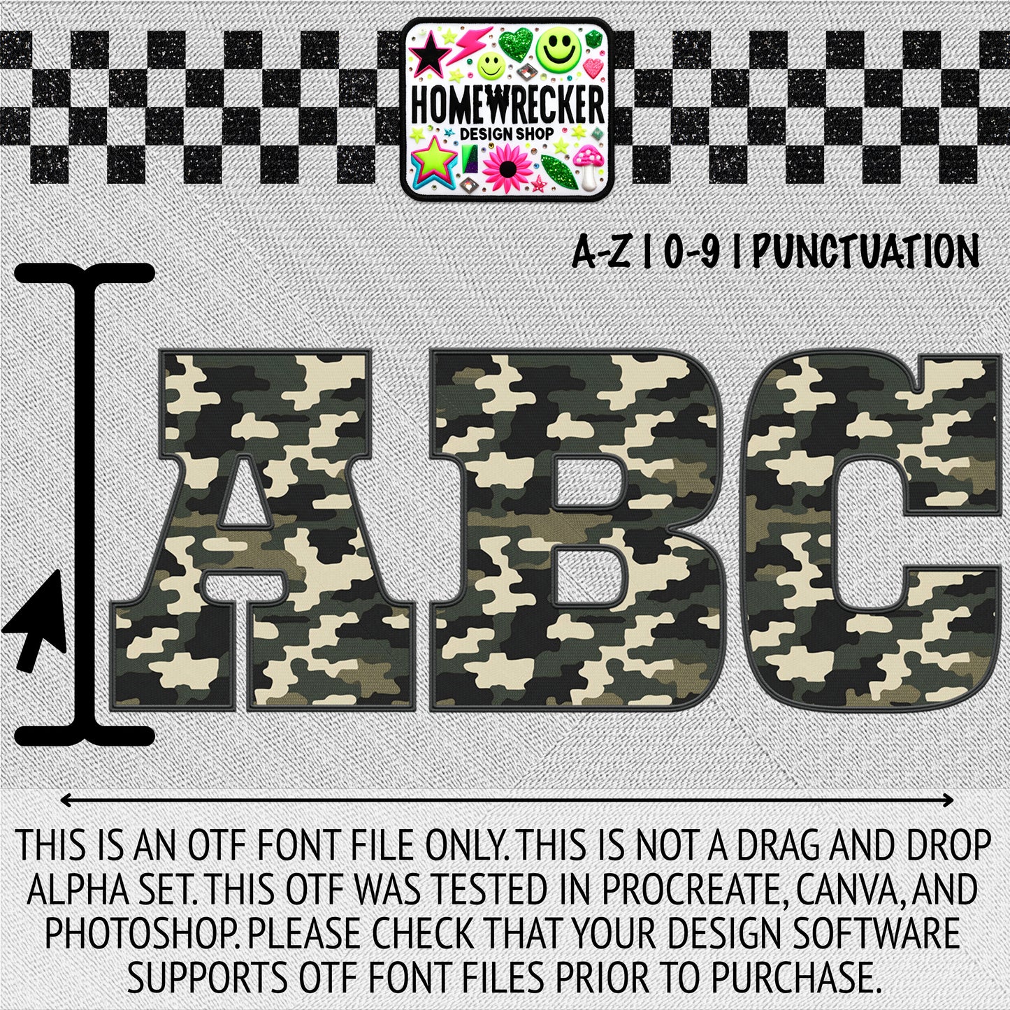 Camo #2 OTF Font, Faux Embroidery, Block Letter Style OTF Font Clipart Make your own designs Digital Download