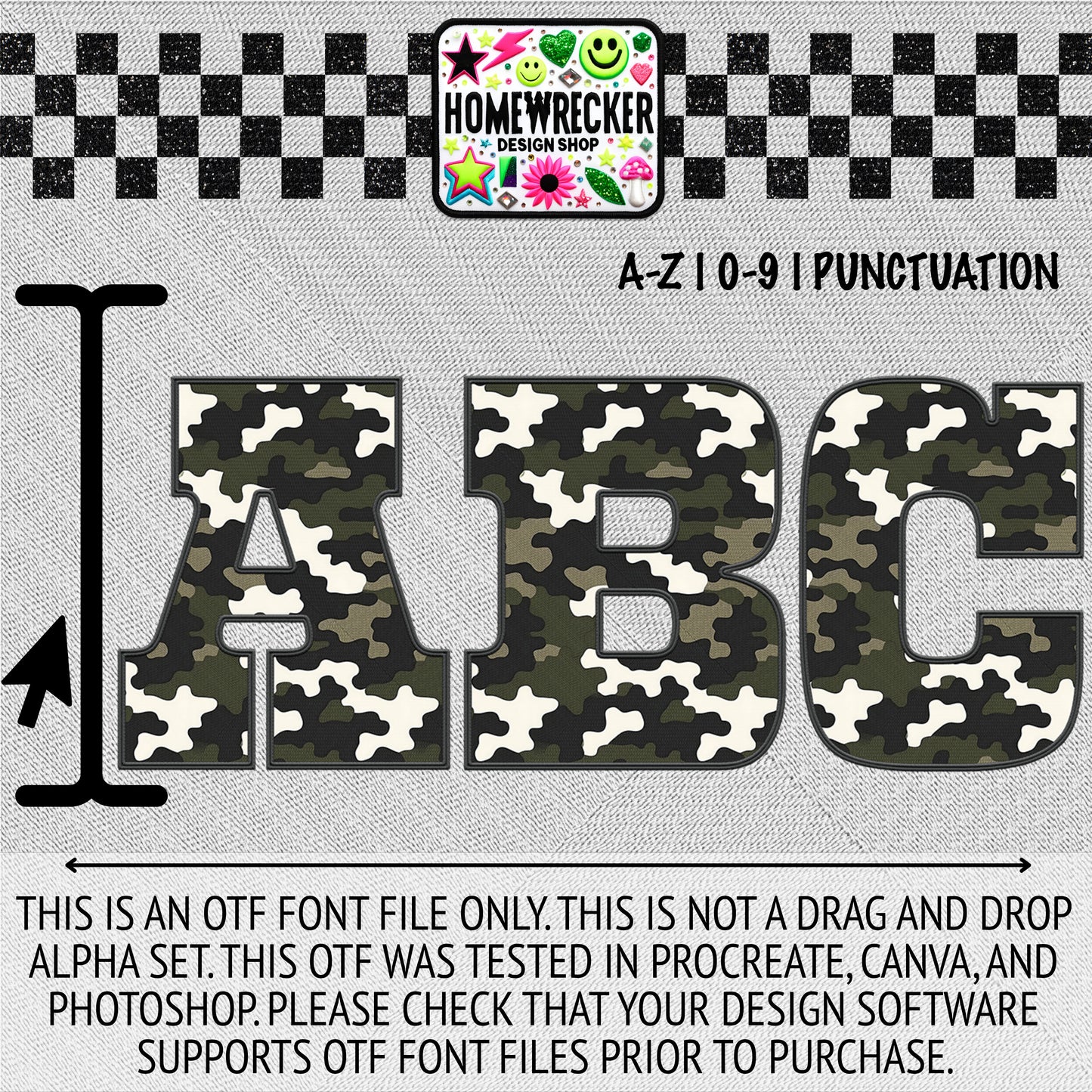 Camo #3 OTF Font, Faux Embroidery, Block Letter Style OTF Font Clipart Make your own designs Digital Download
