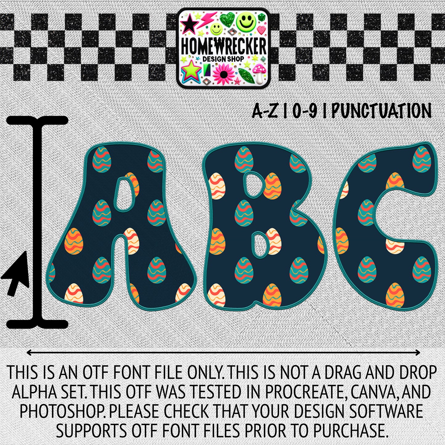 Dark Teal Easter Eggs OTF Font, Faux Embroidery, Groovy Letter Style OTF Font Clipart Make your own designs Digital Download