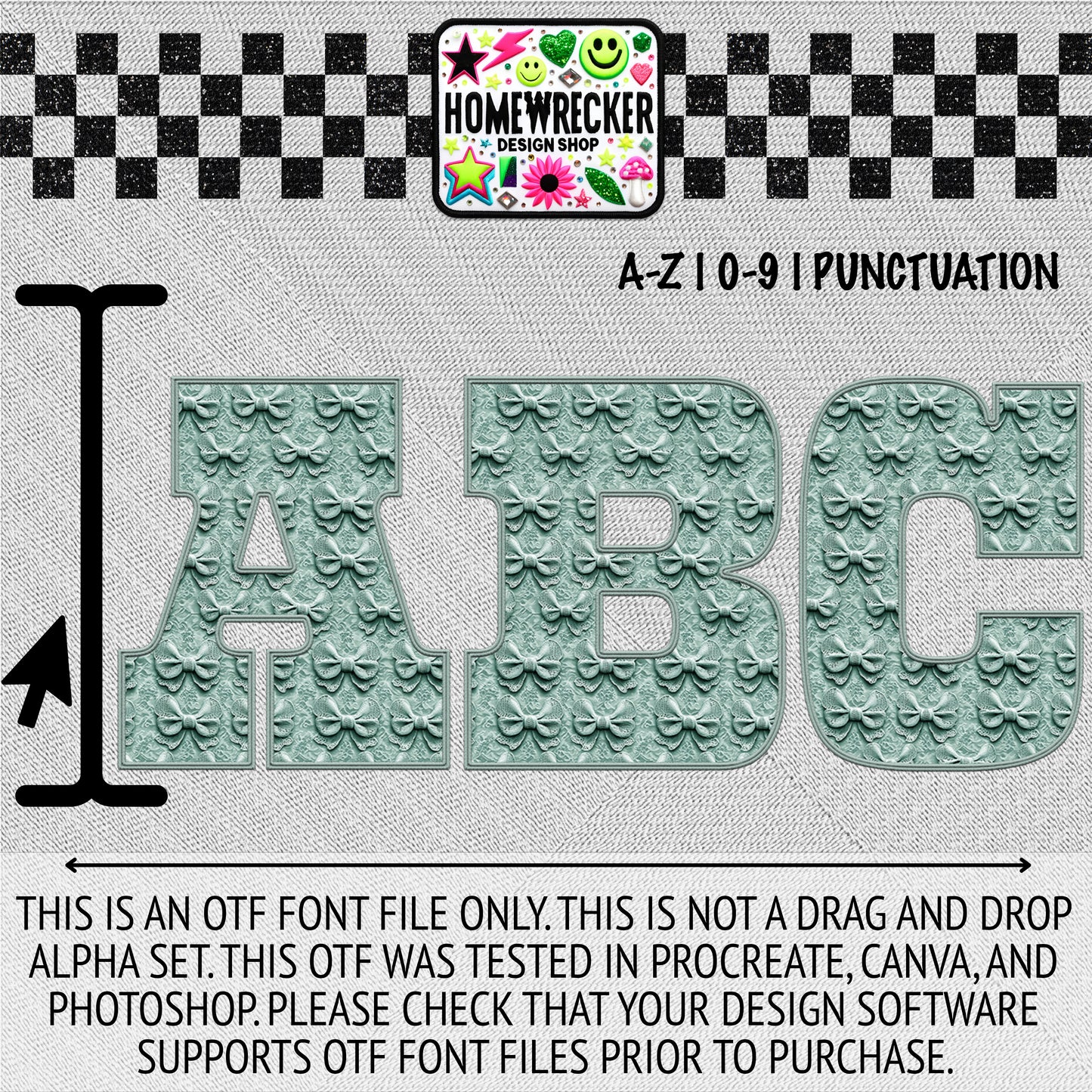 Dusty Mint Faux Bow OTF Font, Faux Embroidery, Block Letter Style OTF Font Clipart Make your own designs Digital Download