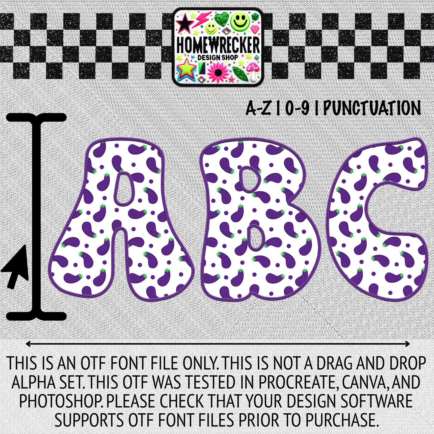 Naughty Eggplants OTF Font, Faux Embroidery, Groovy Letter Style OTF Font Clipart Make your own designs Digital Download