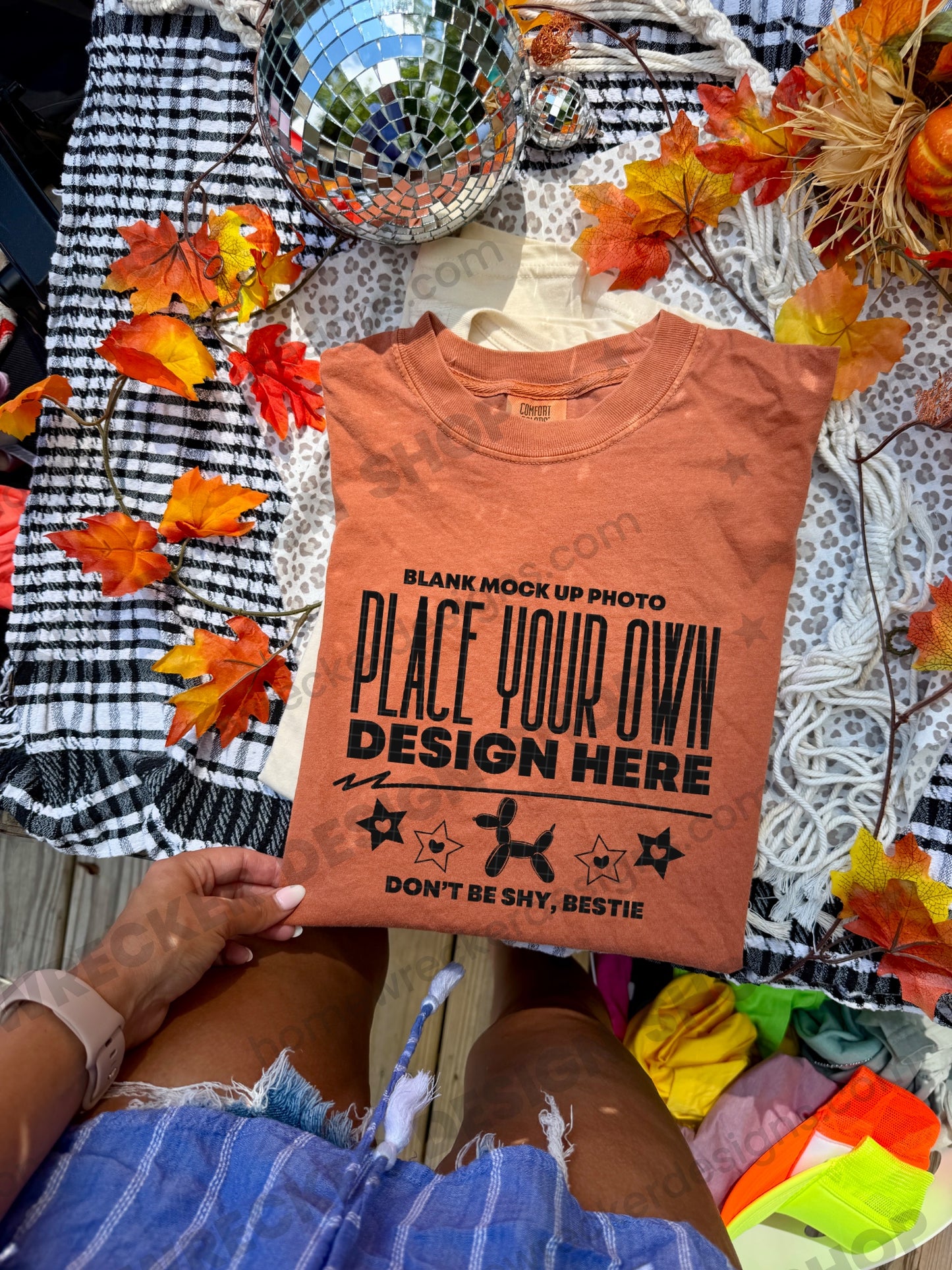 Blank Comfort Colors 1717 t-shirt in Yam, fall styling, folded 3 mockup photo from Homewrecker Design Shop