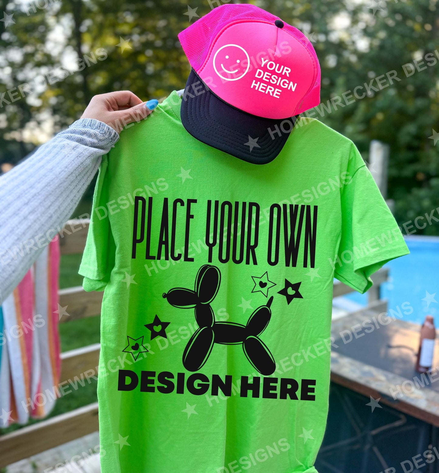 Blank Gildan 5000 t-shirt in Lime with a neon pink hat, hanging mockup photo from Homewrecker Design Shop