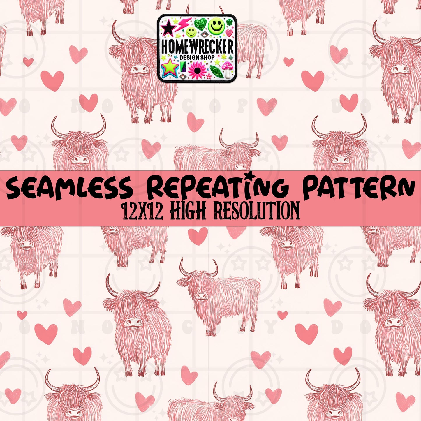 Highland Cow Hearts Vday Seamless Pattern 12x12