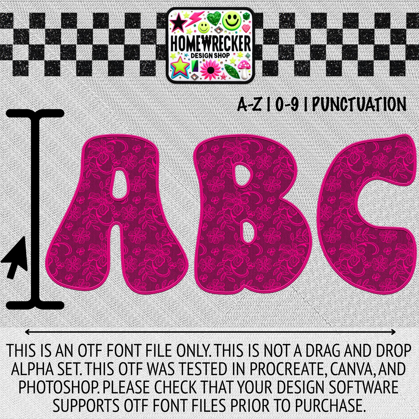 Hot Pink Lace OTF Font, Faux Embroidery, Groovy Letter Style OTF Font Clipart Make your own designs Digital Download