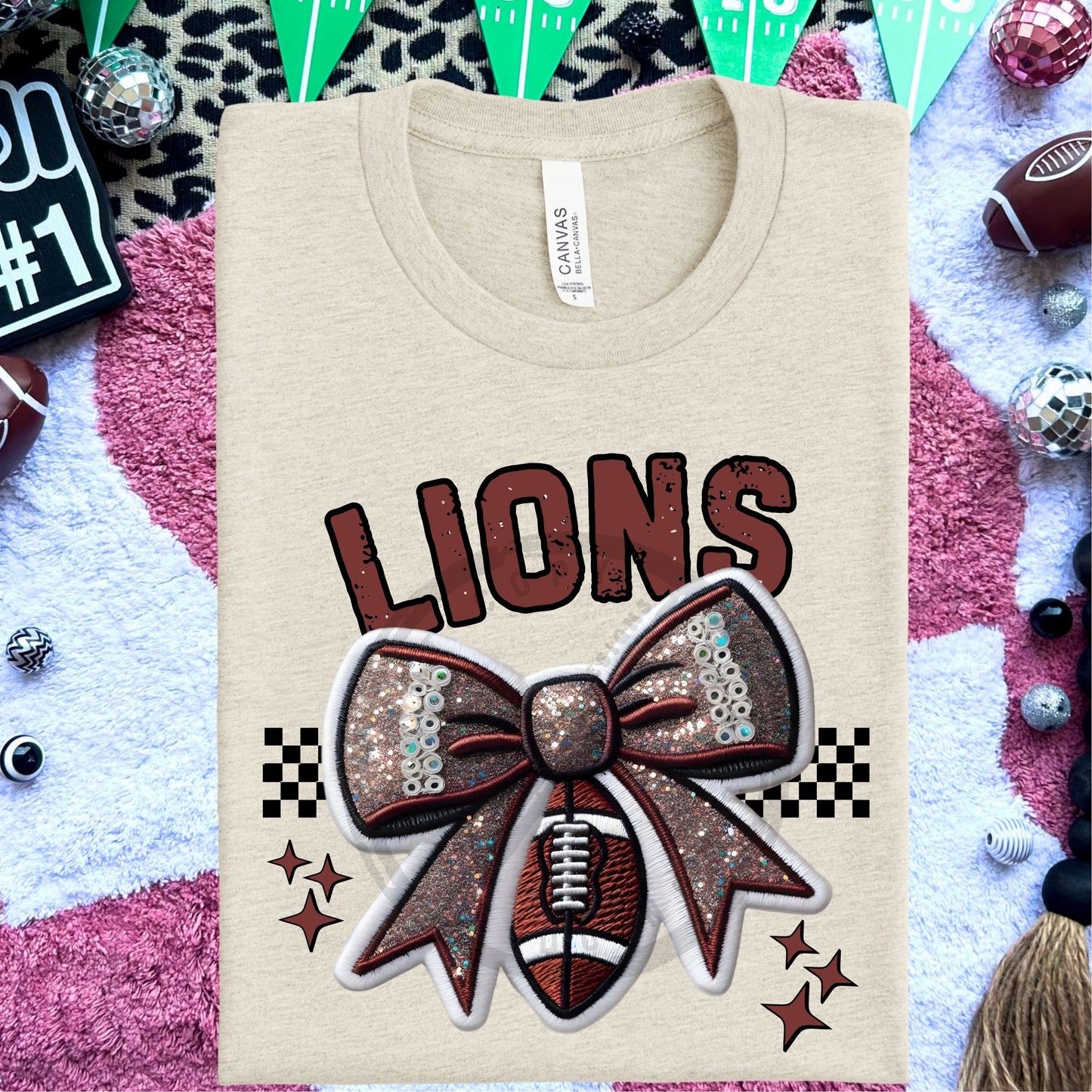 Lions Faux Embroidery Football Bow Team Spirit PNG