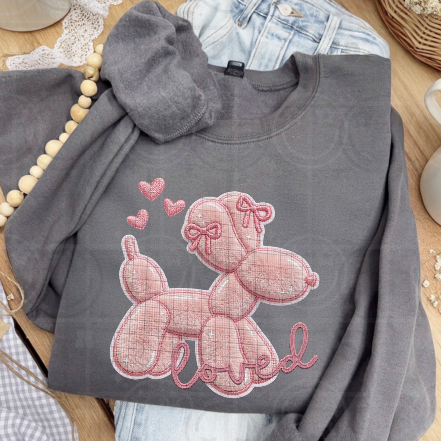 Loved Balloon Dog Faux Applique PNG BOTH VERSIONS | with Faux Lights Faux Embroidery and Faux Fur Cute Pink Dog Shirt Design Digital Download