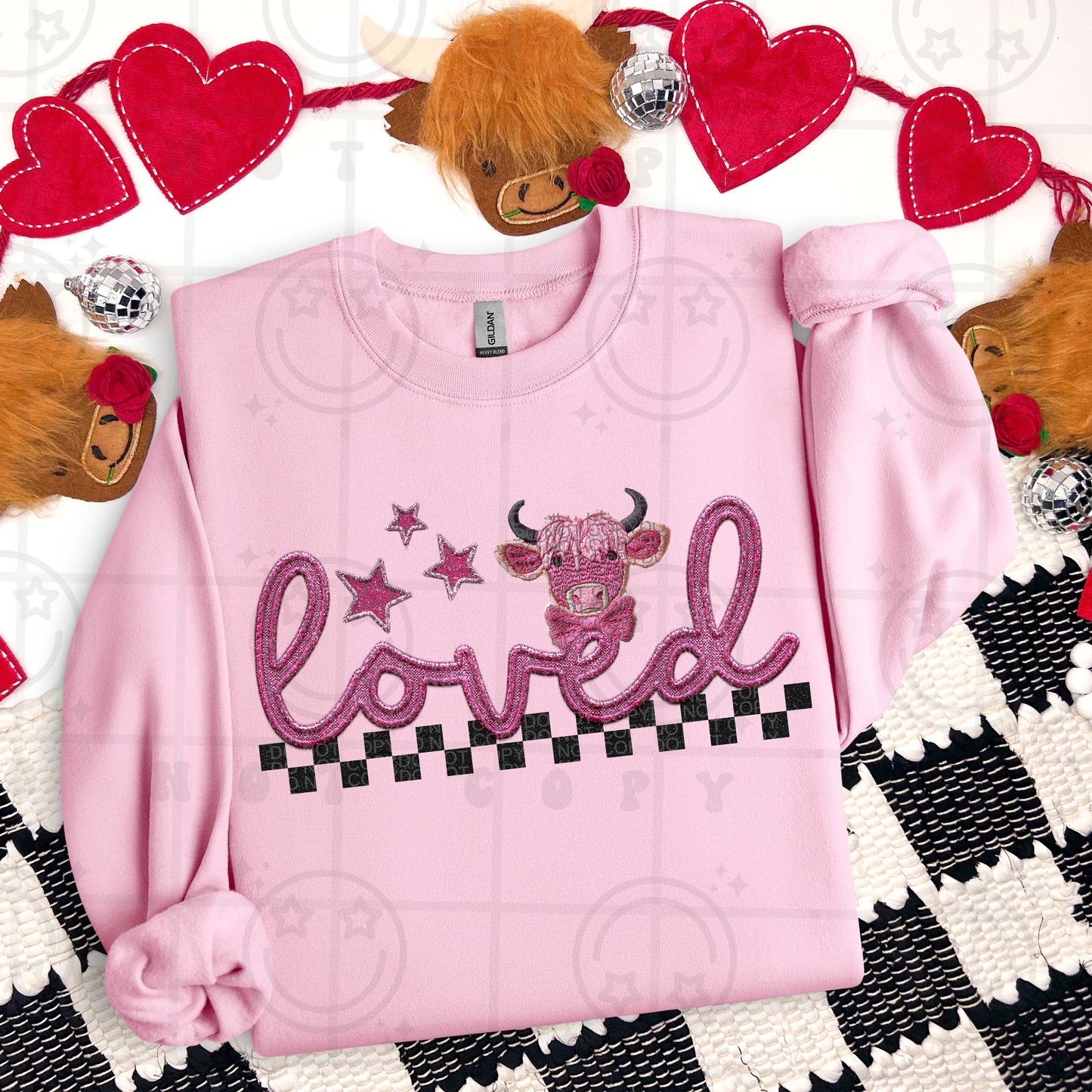 Pink Loved Highland Cow Checker Print Faux Embroidery PNG