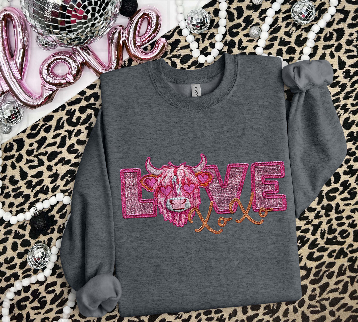 Love XOXO Pink Highland Cow Faux Embroidery PNG