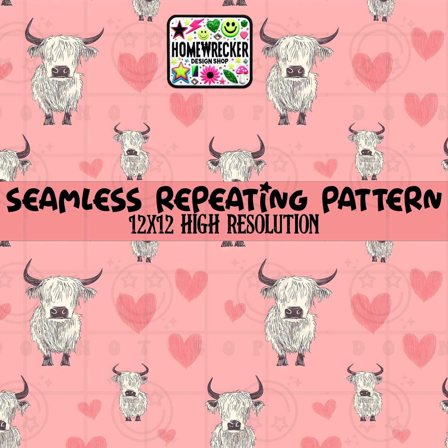 Coral Pink Highland Cow Head Hearts Vday Seamless Pattern 12x12