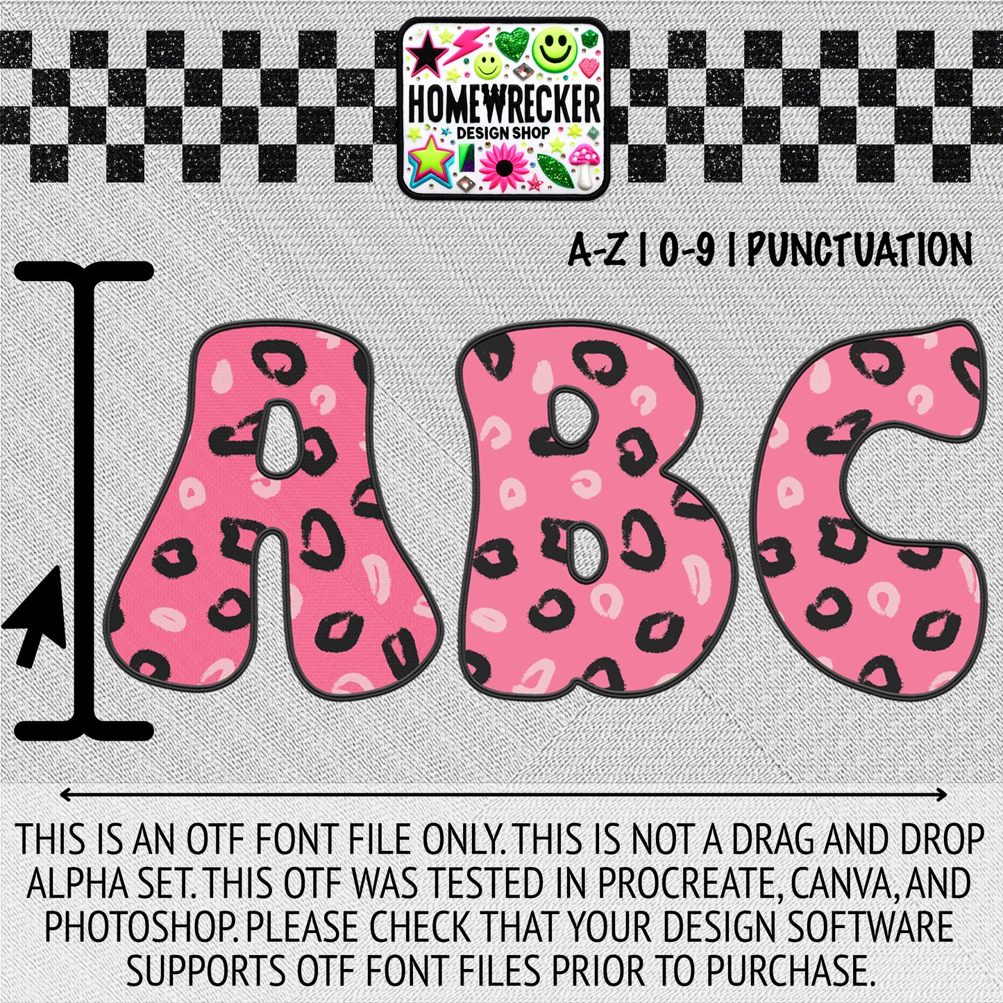 Pink Black Leopard OTF Font, Faux Embroidery, Groovy Letter Style OTF Font Clipart Make your own designs Digital Download