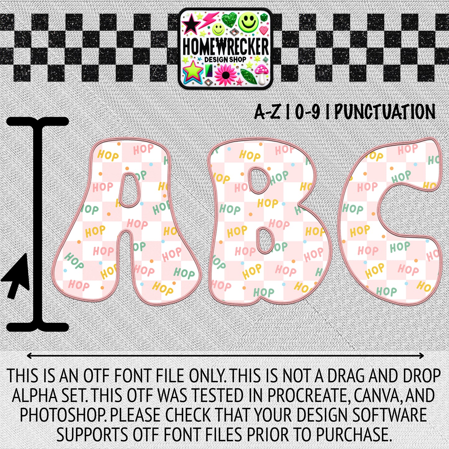 Pink Checker Hop OTF Font, Faux Embroidery, Groovy Letter Style OTF Font Clipart Make your own designs Digital Download