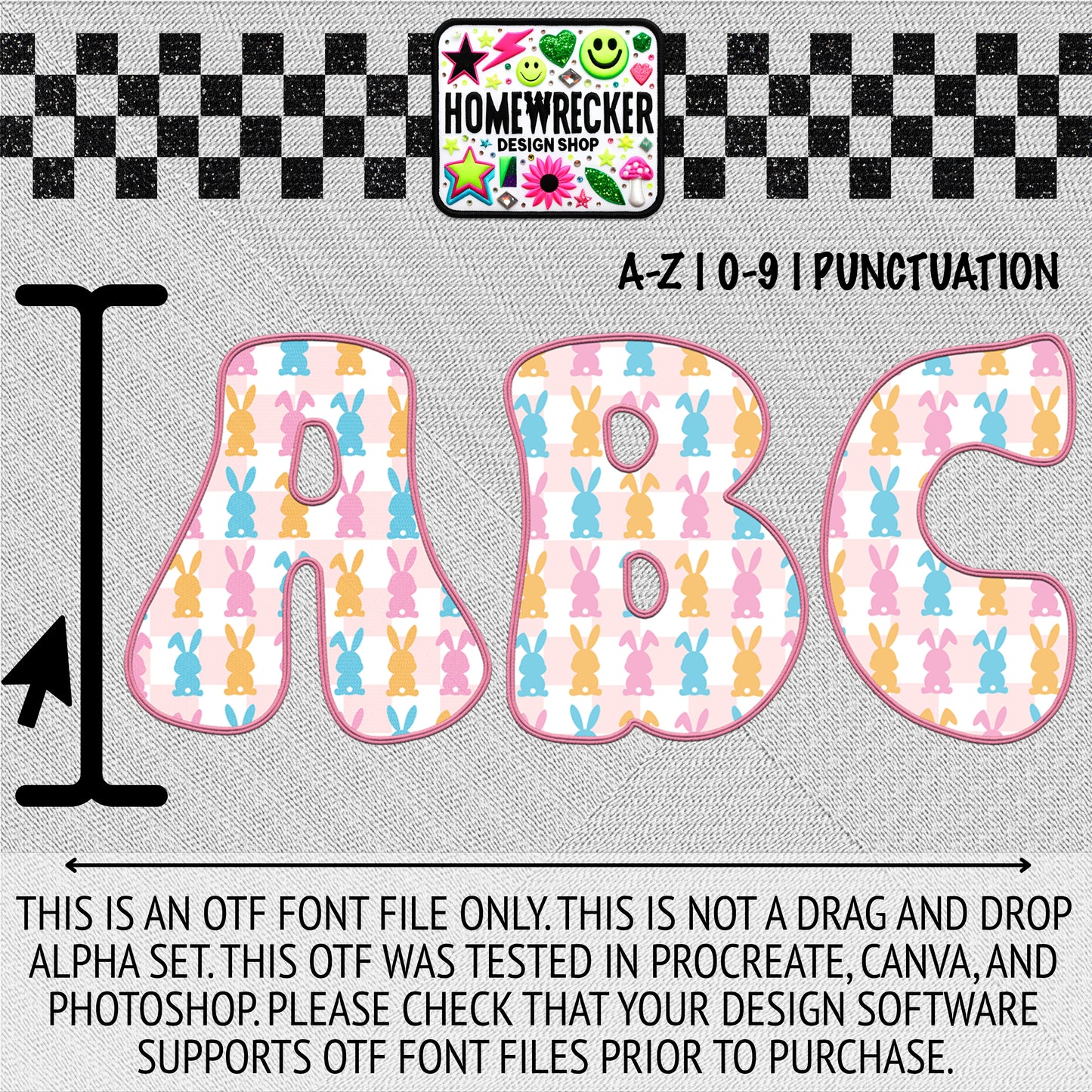 Pink Checker Rabbit OTF Font, Faux Embroidery, Groovy Letter Style OTF Font Clipart Make your own designs Digital Download