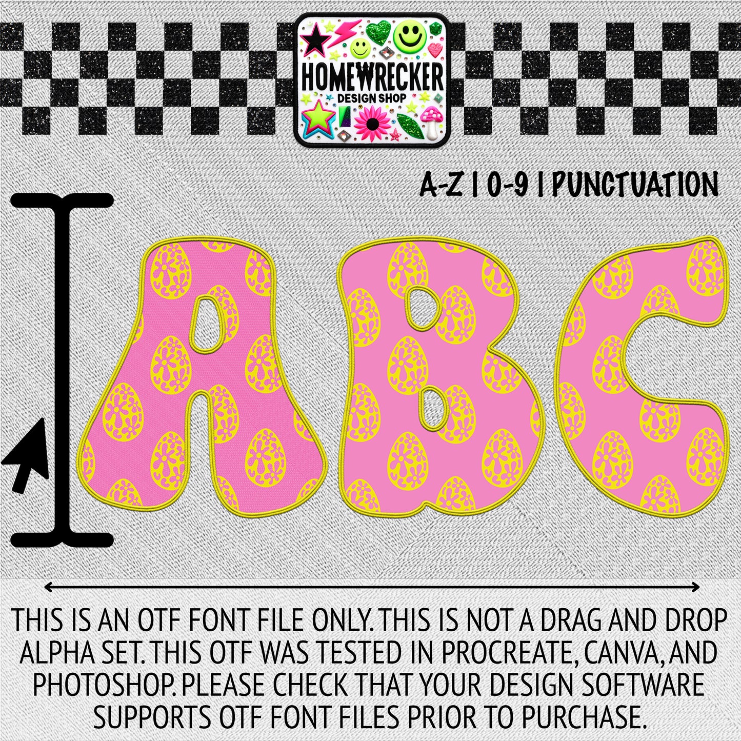 Pink and Yellow Easter Eggs OTF Font, Faux Embroidery, Groovy Letter Style OTF Font Clipart Make your own designs Digital Download