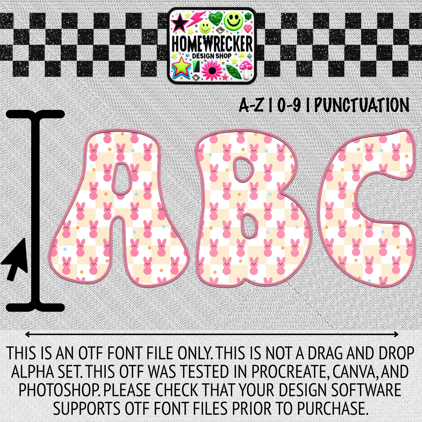 Tan Checker Peep OTF Font, Faux Embroidery, Groovy Letter Style OTF Font Clipart Make your own designs Digital Download