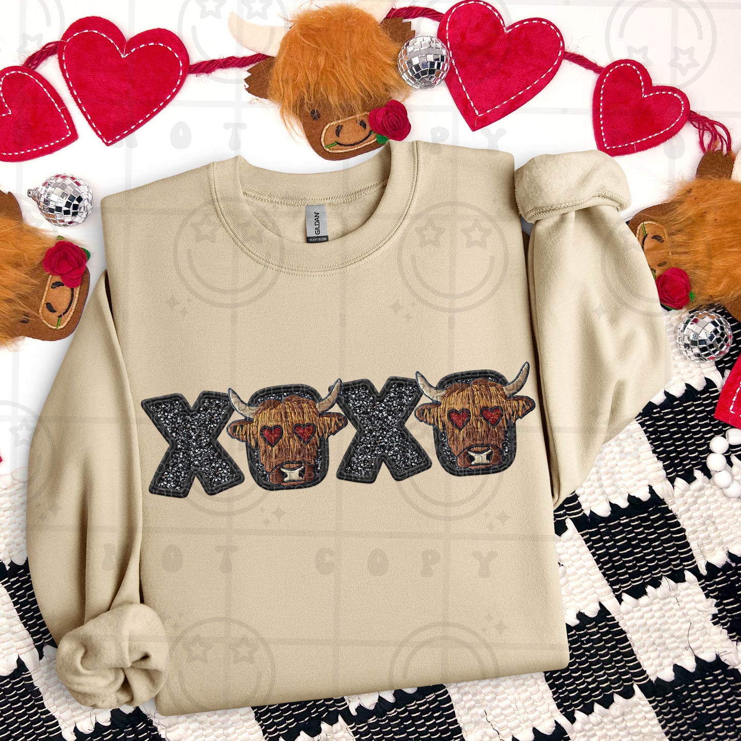 XOXO Highland Cow Faux Embroidery PNG