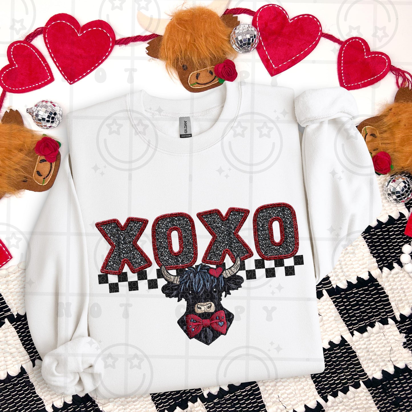 XOXO Black + Red Highland Cow Faux Embroidery PNG