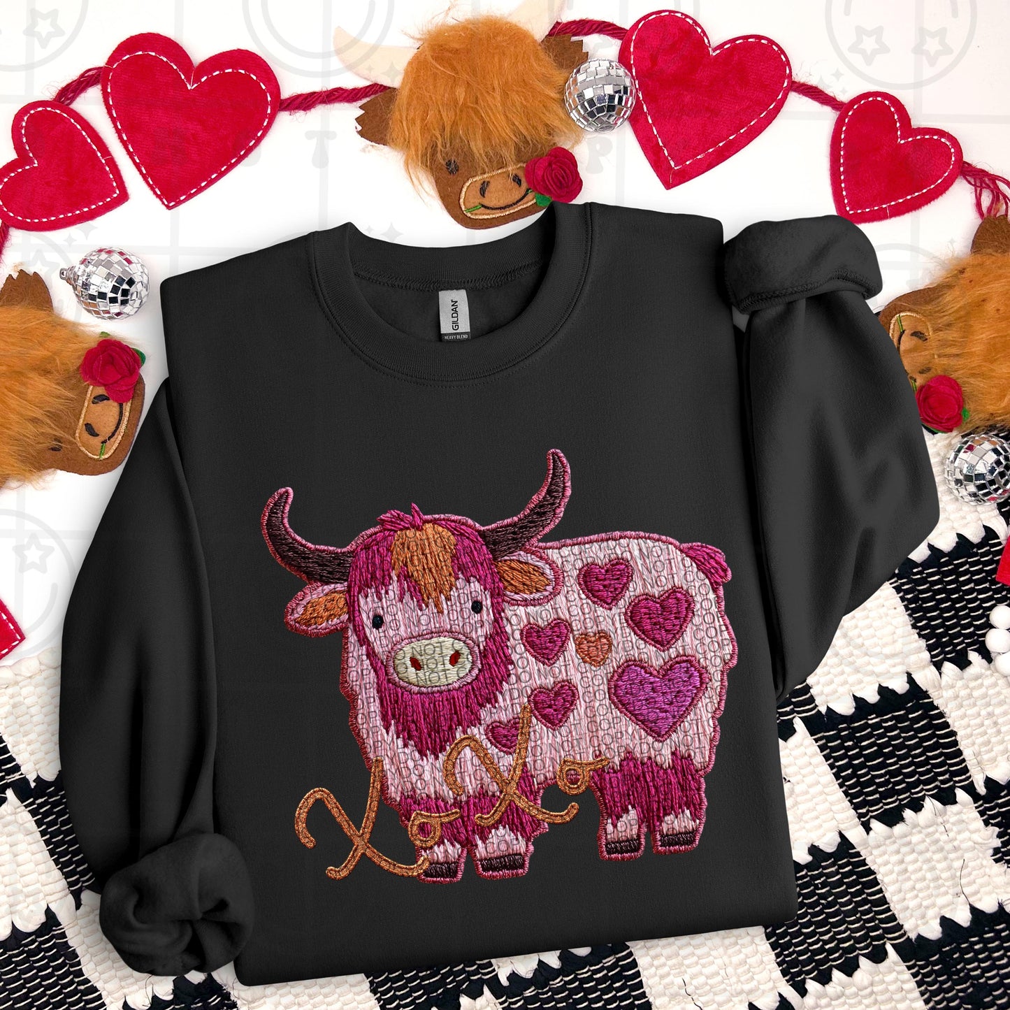 XOXO Pink Purple Highland Cow Checker Print Faux Embroidery PNG