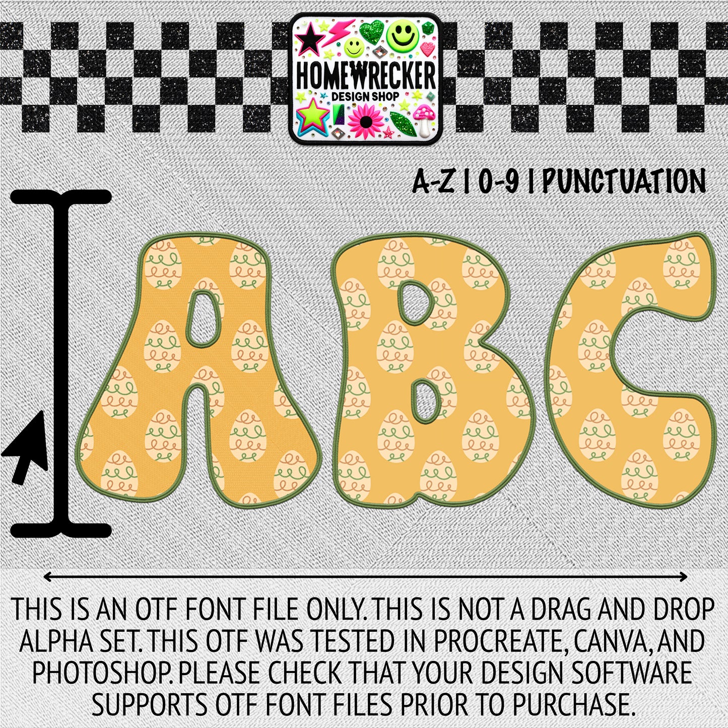 Yellow and Tan Easter Eggs OTF Font, Faux Embroidery, Groovy Letter Style OTF Font Clipart Make your own designs Digital Download