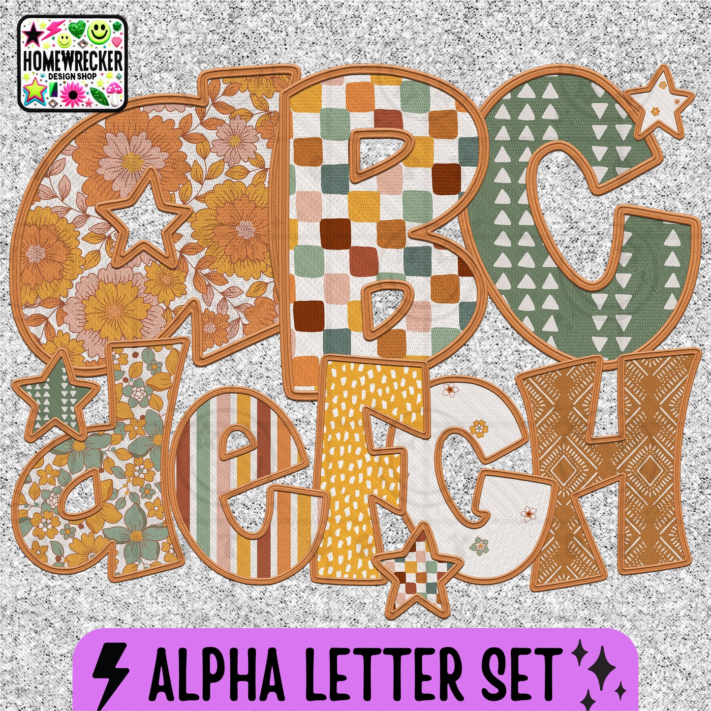 Boho Themed Faux Embroidery Alpha Set |MEGA BUNDLE 8 patterns | Faux Embroidery Alpha | individual letter files PNGs for DIY digital designs