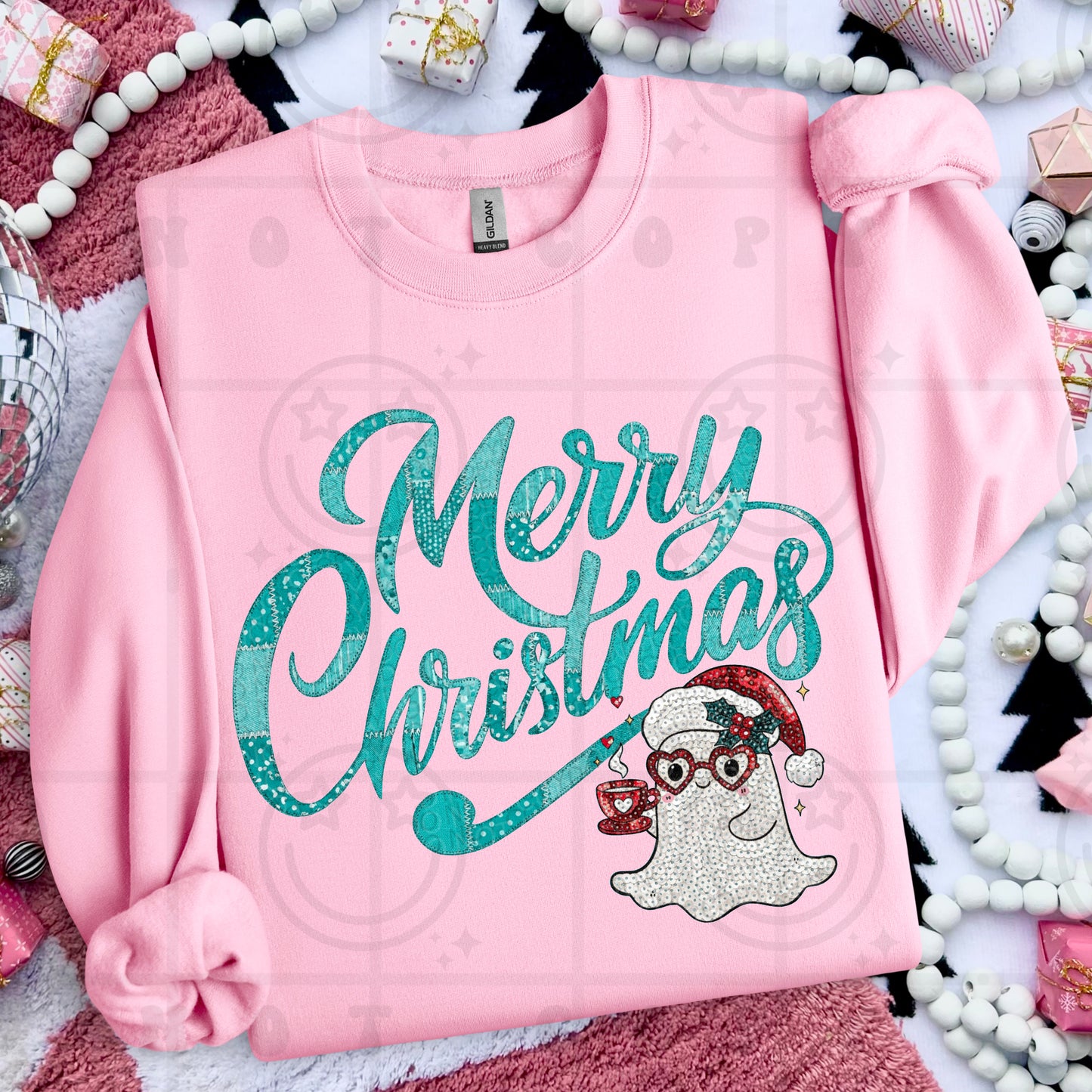 Merry christmas ghost with coffee faux sequin design on a shirt