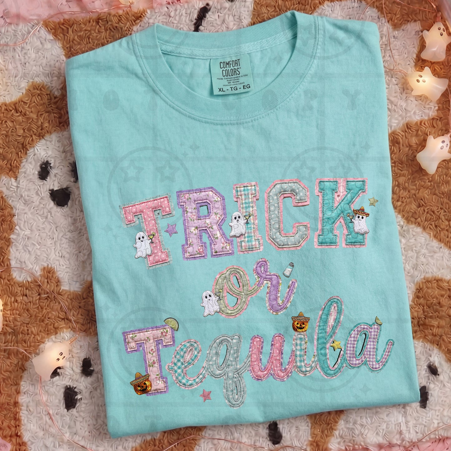 Trick or tequila quilted patchwork design on a shirt