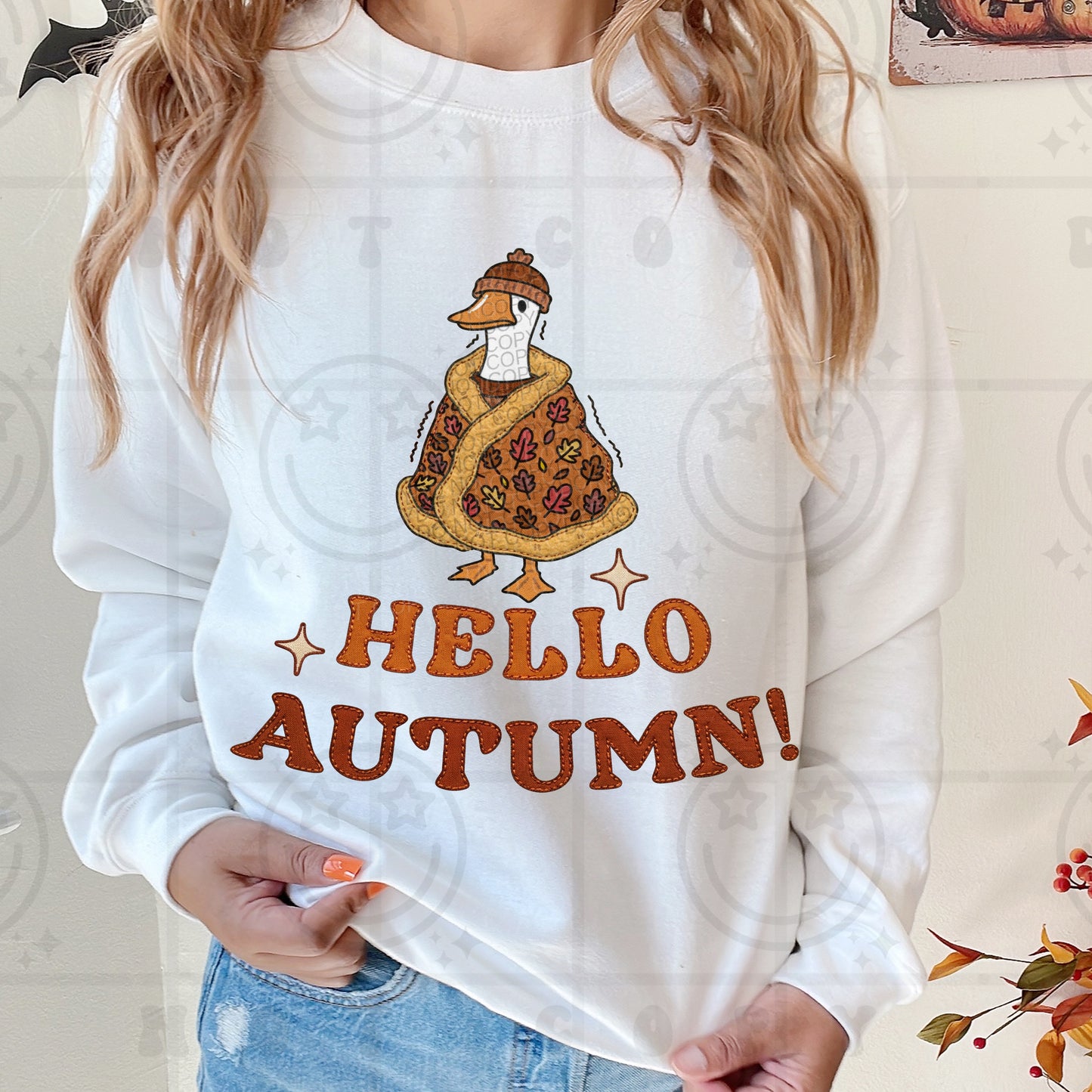 Hello autumn goose faux embroidery design on a shirt