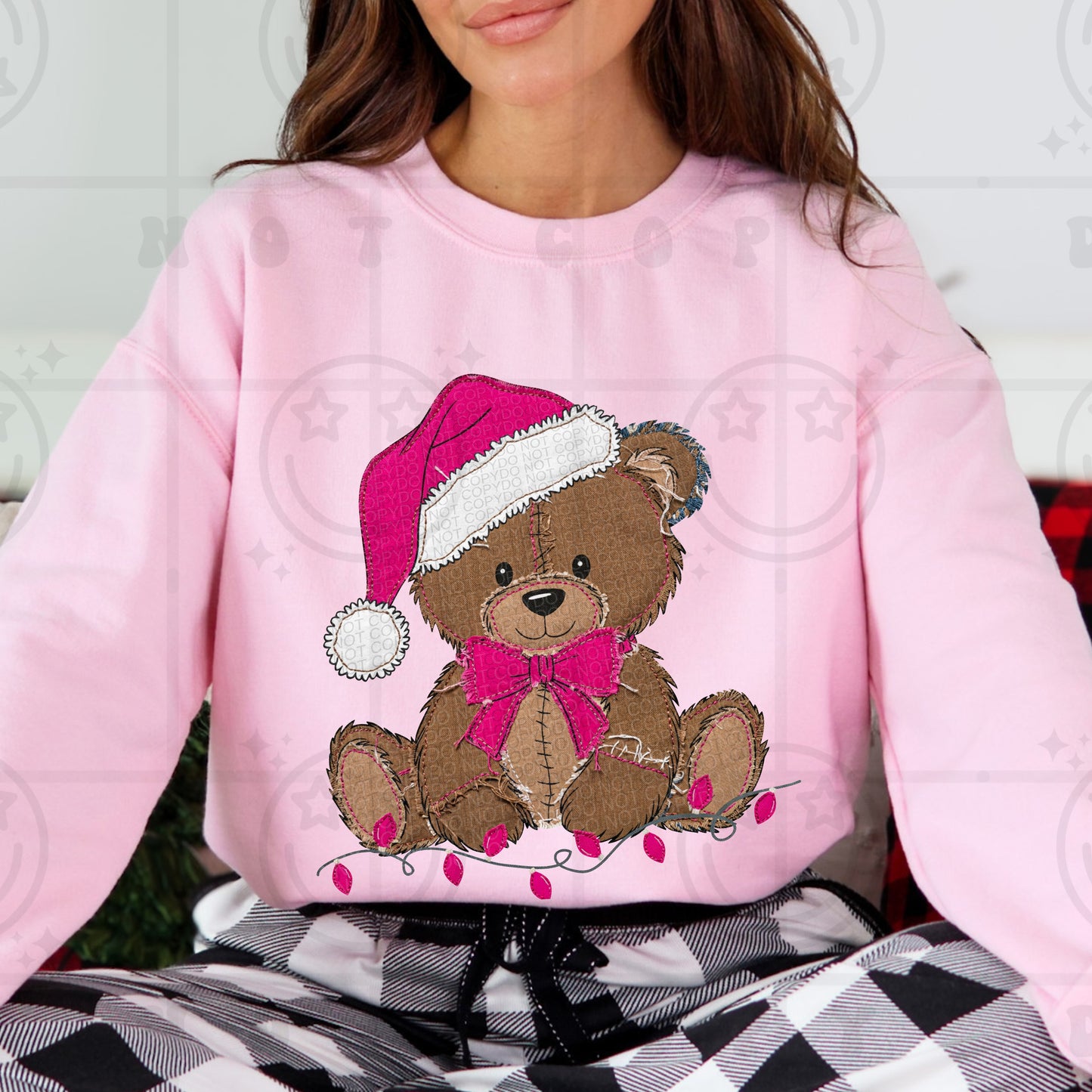 Pink christmas teddy bear faux embroidery design on a shirt