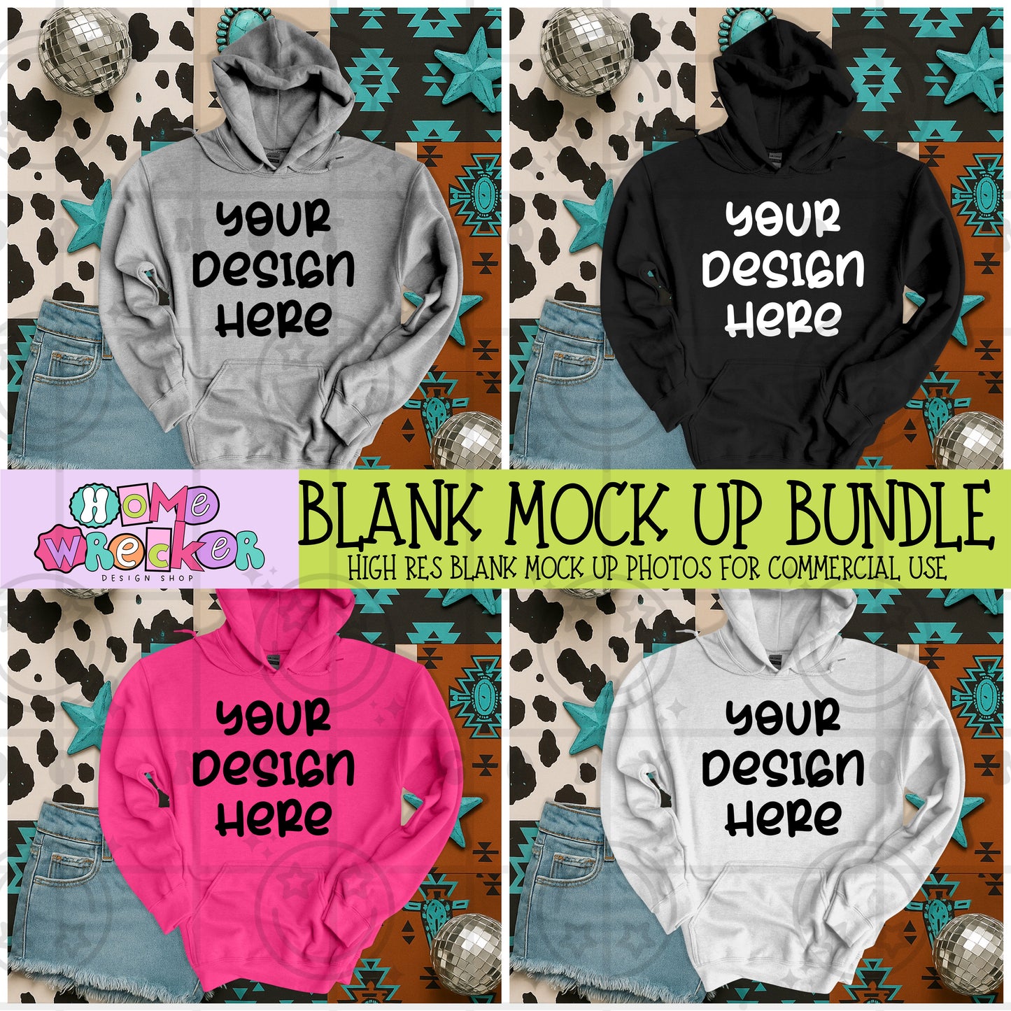 Cowhide + Turquoise | Gildan Hoodies G18500 | Mock up bundle 17 colors