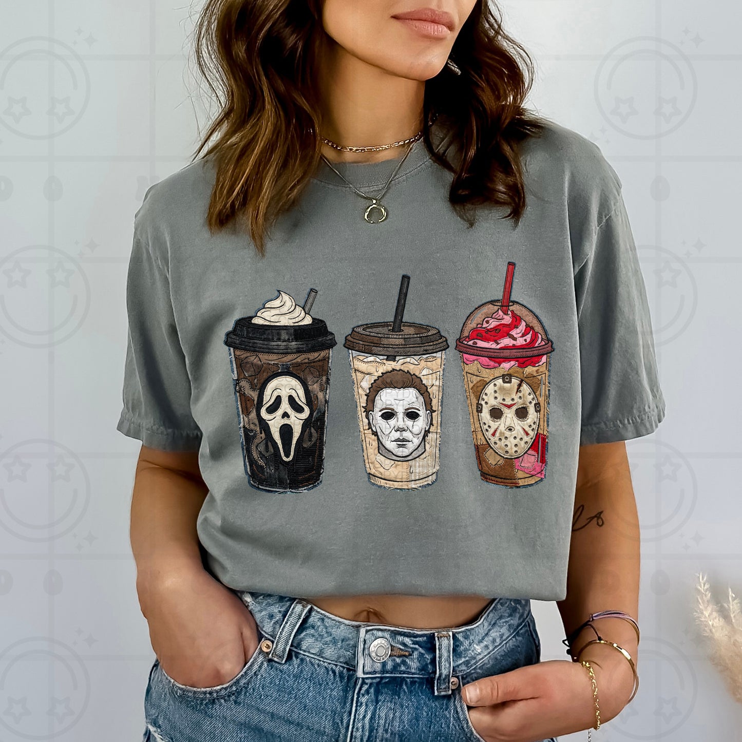Horror trio coffees faux embroidery PNG digital download