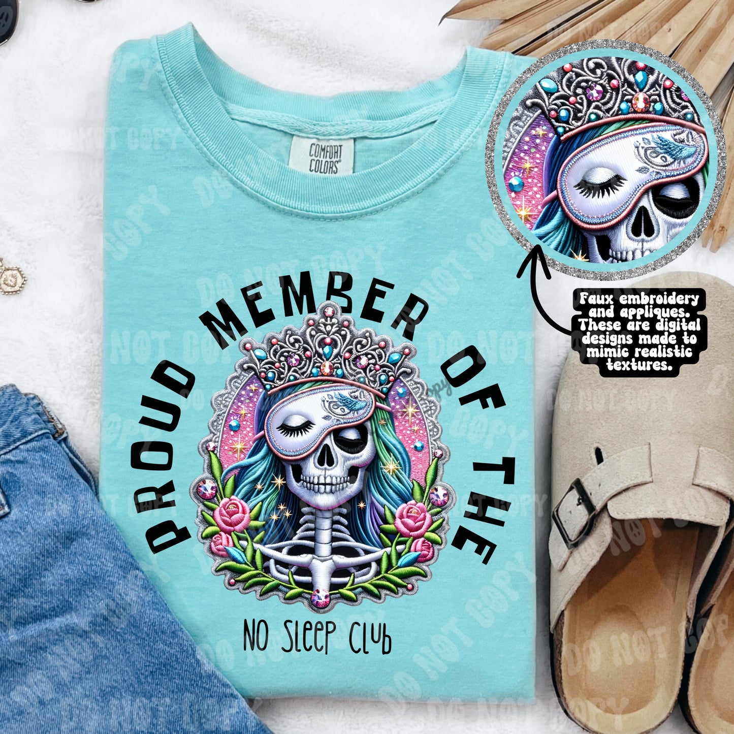 Proud Member of the No Sleep Club PNG Faux Embroidery Faux glitter digital download