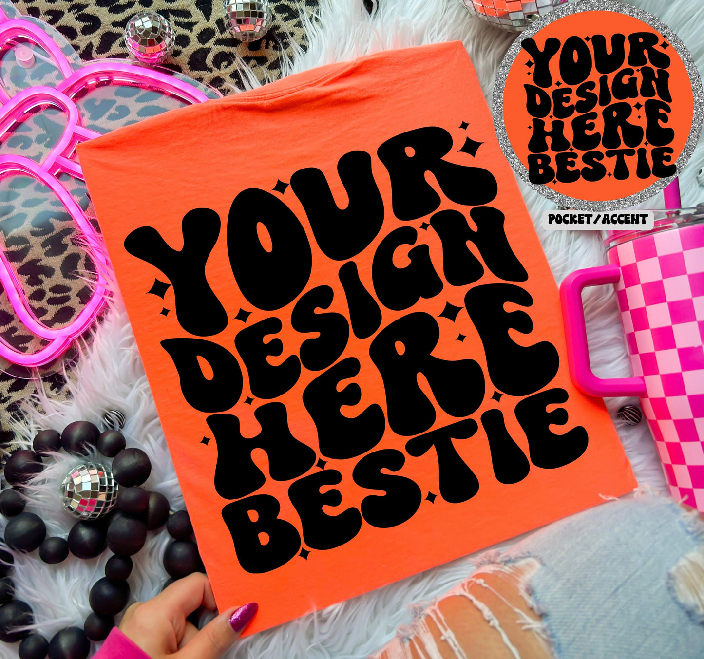 Comfort Colors Mockup, CC1717 Neon Red Orange, back of shirt with front accent, digital download