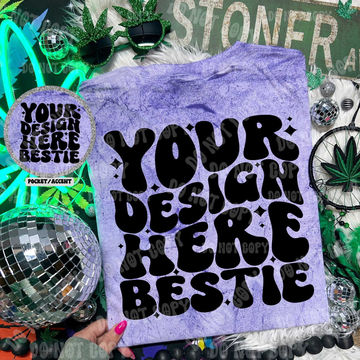 Comfort Colors Colorblast Mockup, CC1745 Amethyst, 420 themed, back of shirt with front accent, digital mock up