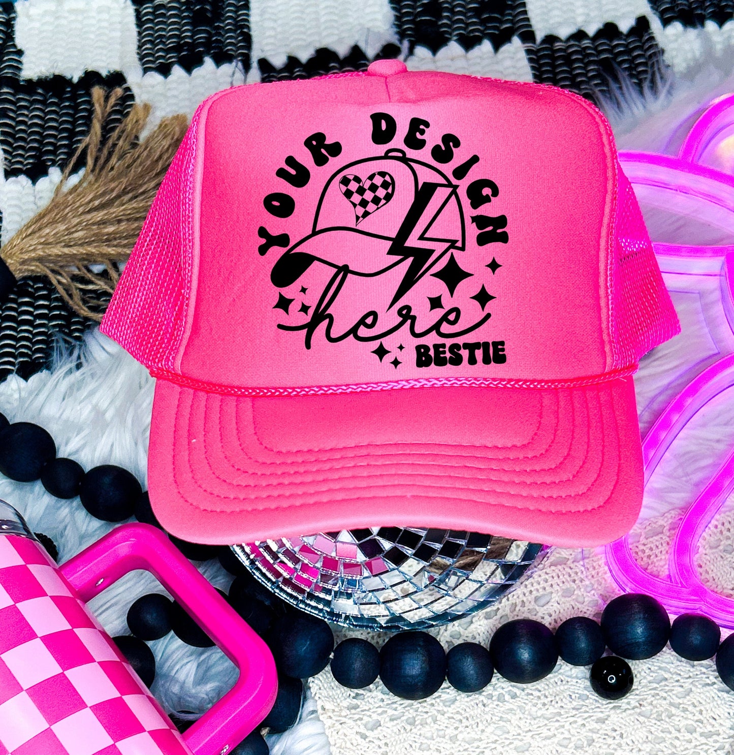 Otto Trucker Hat Mockup: Neon Pink hat mock up photo, digital download