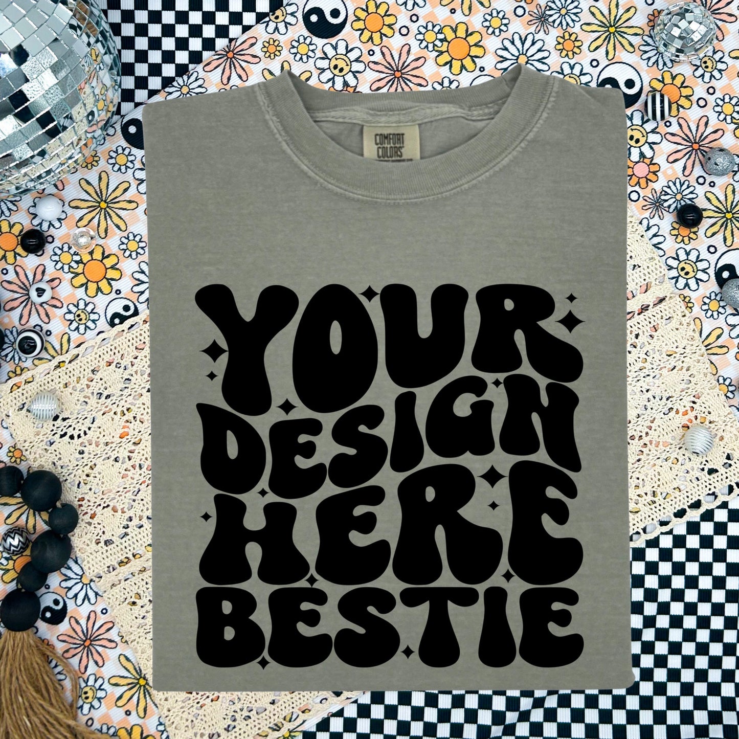 Comfort Colors Tshirt Mockup, CC1717 Bay, trendy checkered print, spring, folded front, digital mockup