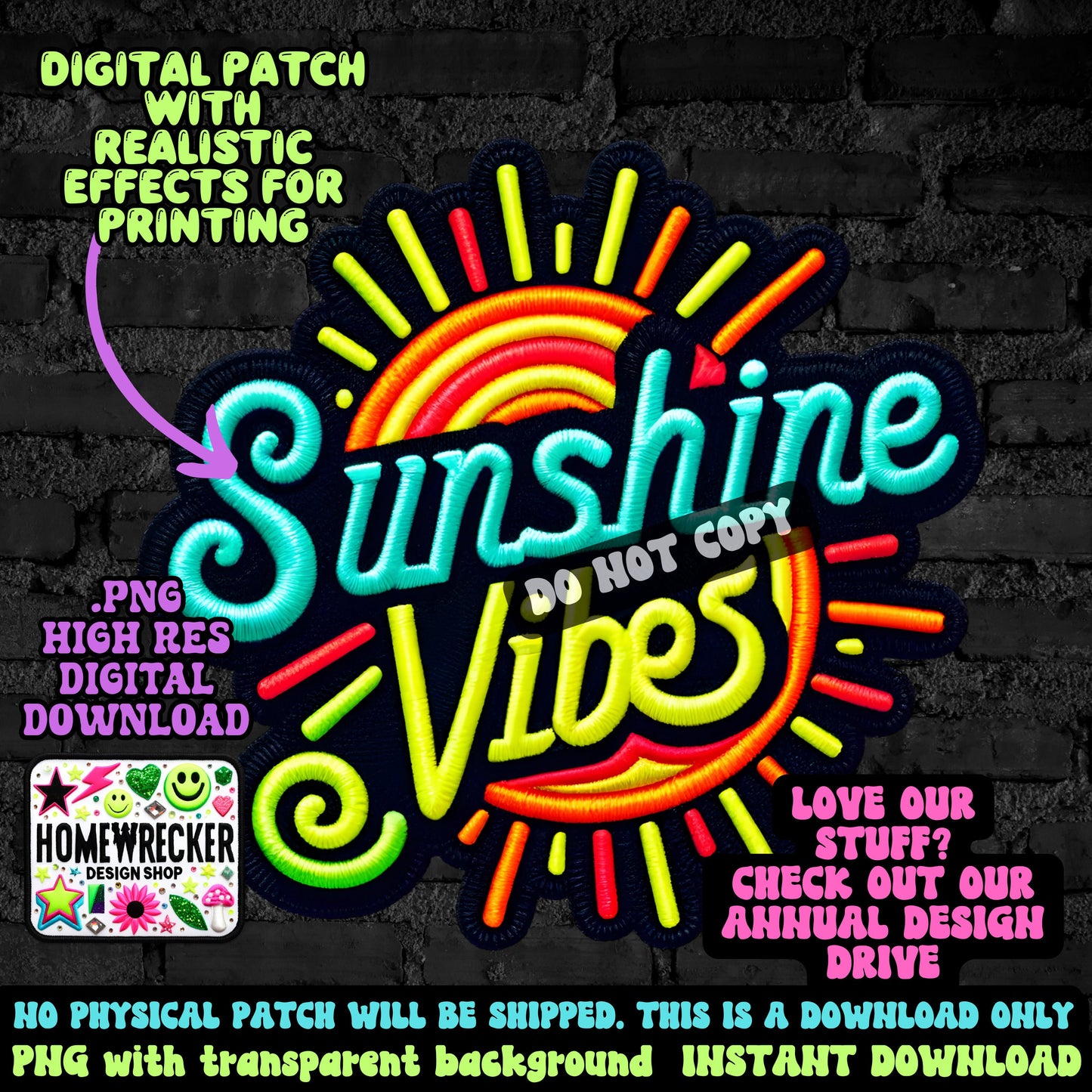 Sunshine Vibes digital patch, faux embroidery, Summer, neon, PNG digital download