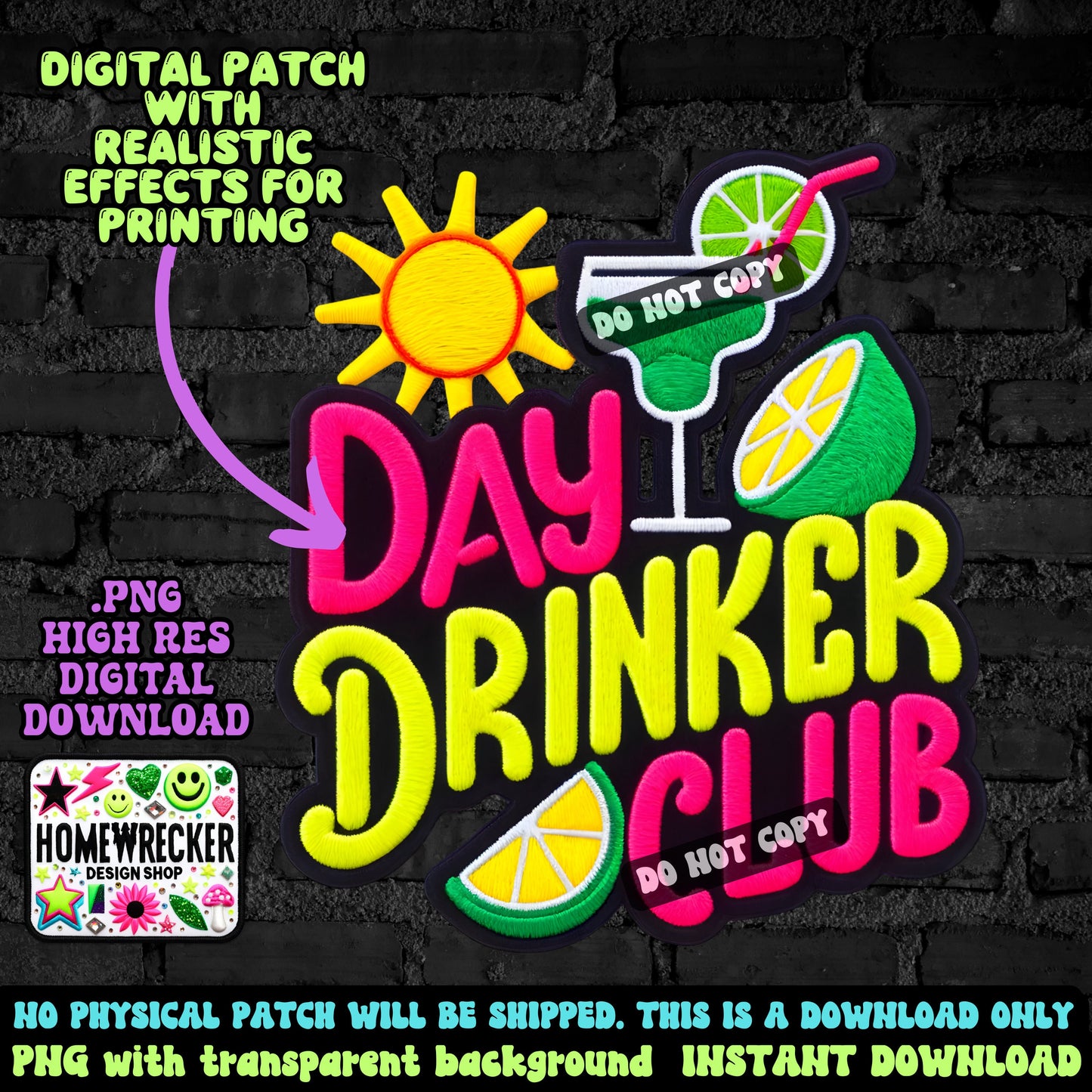 Day Drinker Club digital patch, faux embroidery, Summer, neon, PNG digital download