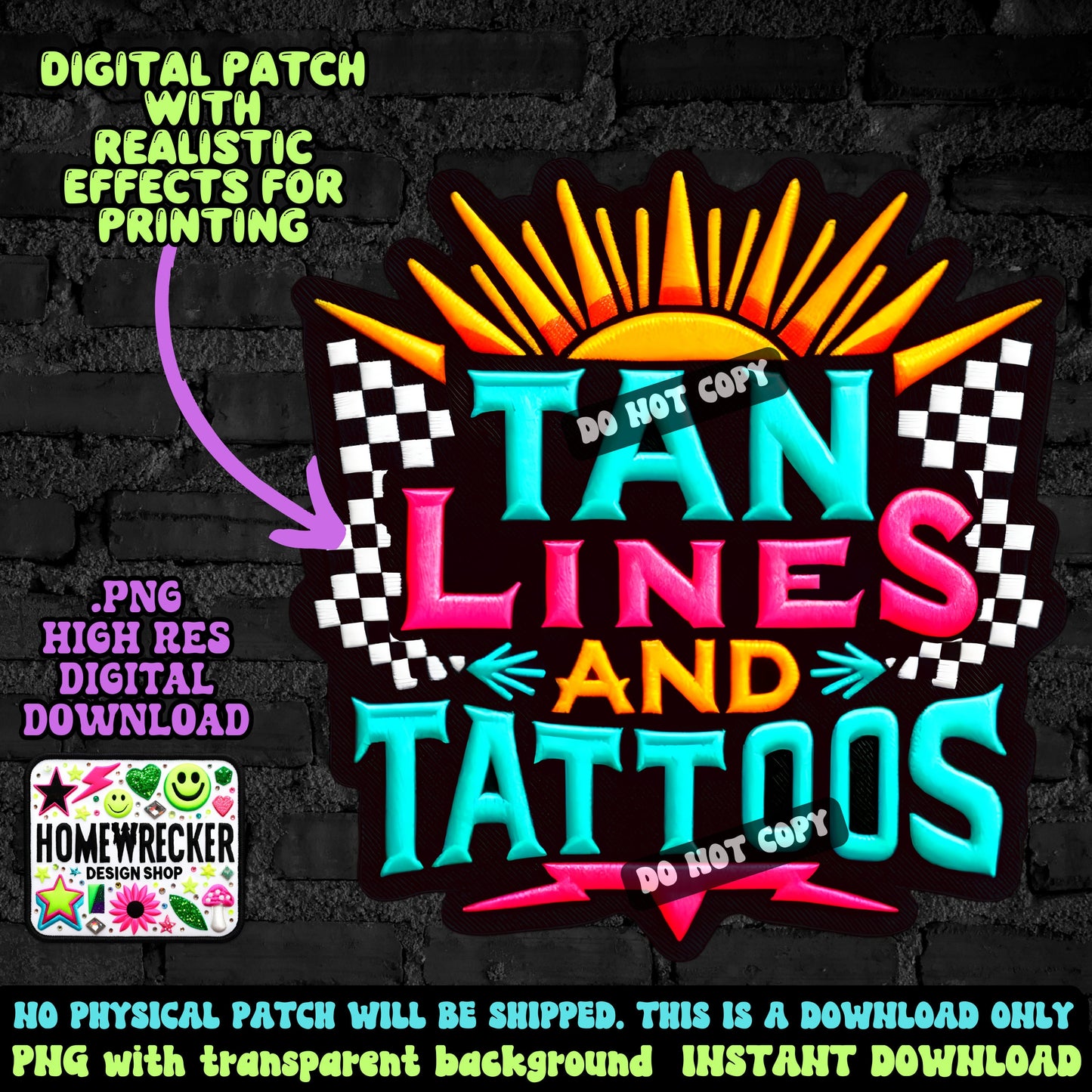 Tan lines and tattoos patch, faux embroidery, Summer, neon, PNG digital download