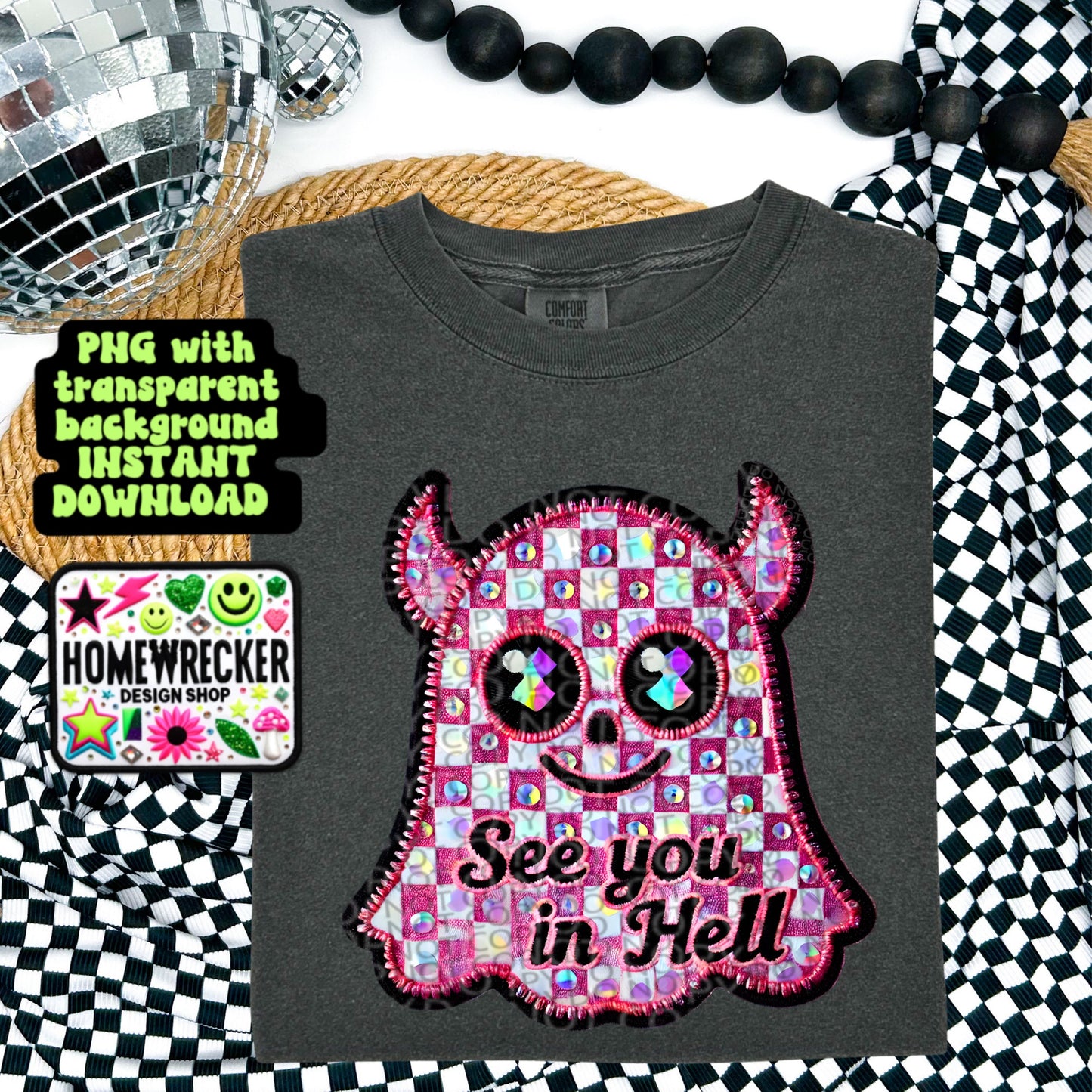 See you in hell, checkered print devil ghost PNG, FAUX embroidery design | for print, not for use with embroidery | Homewrecker Design Shop