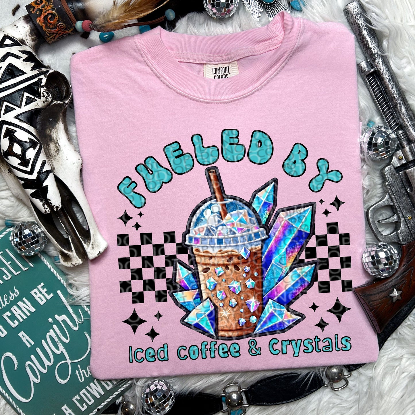 Fueled by iced coffee and crystals FAUX embroidery patch design | for printing only, not for use with embroidery, digital download, PNG