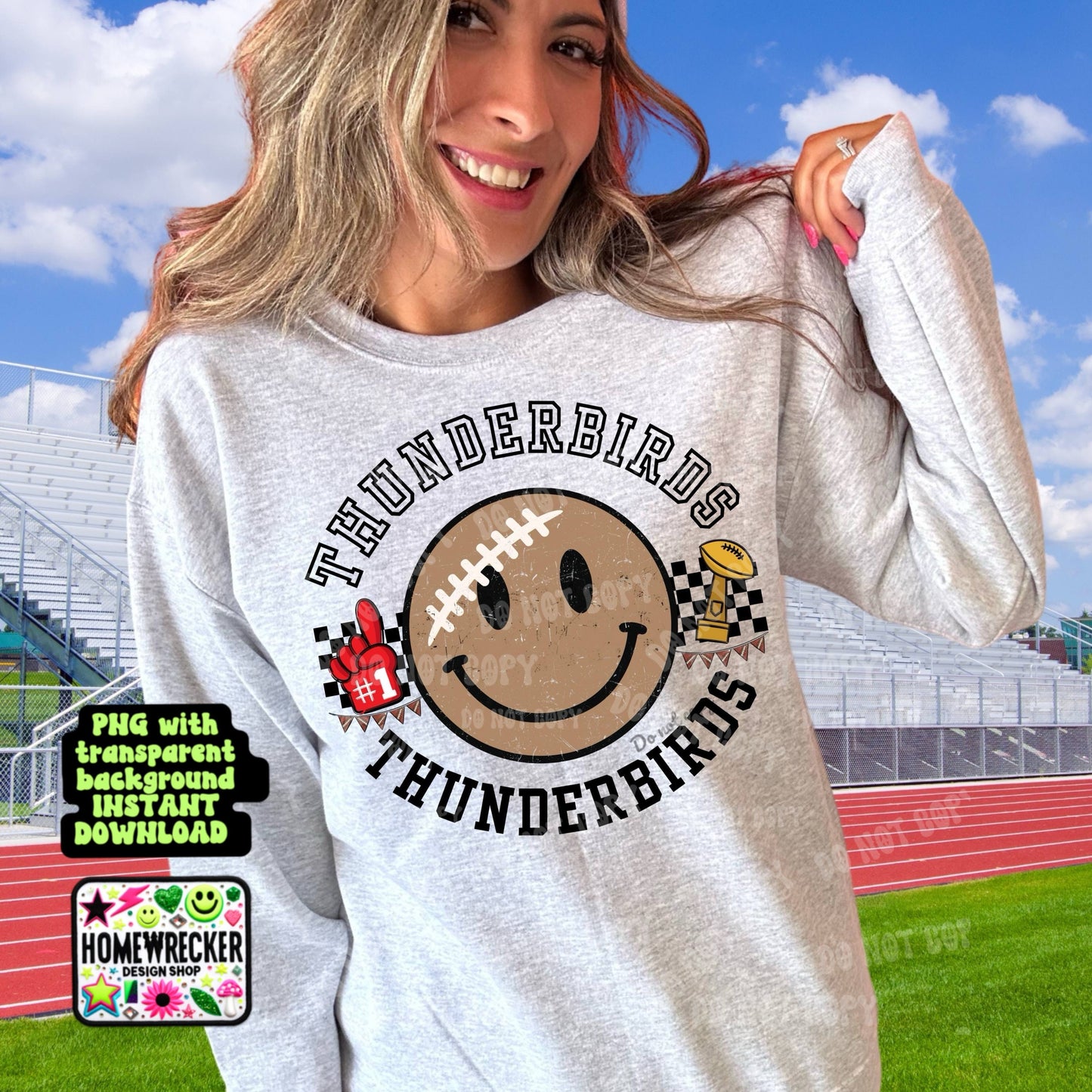 Retro Happy Football Distressed Mascot PNG School spirit design black to school Mascot thunderbirds | Homewrecker Design Shop