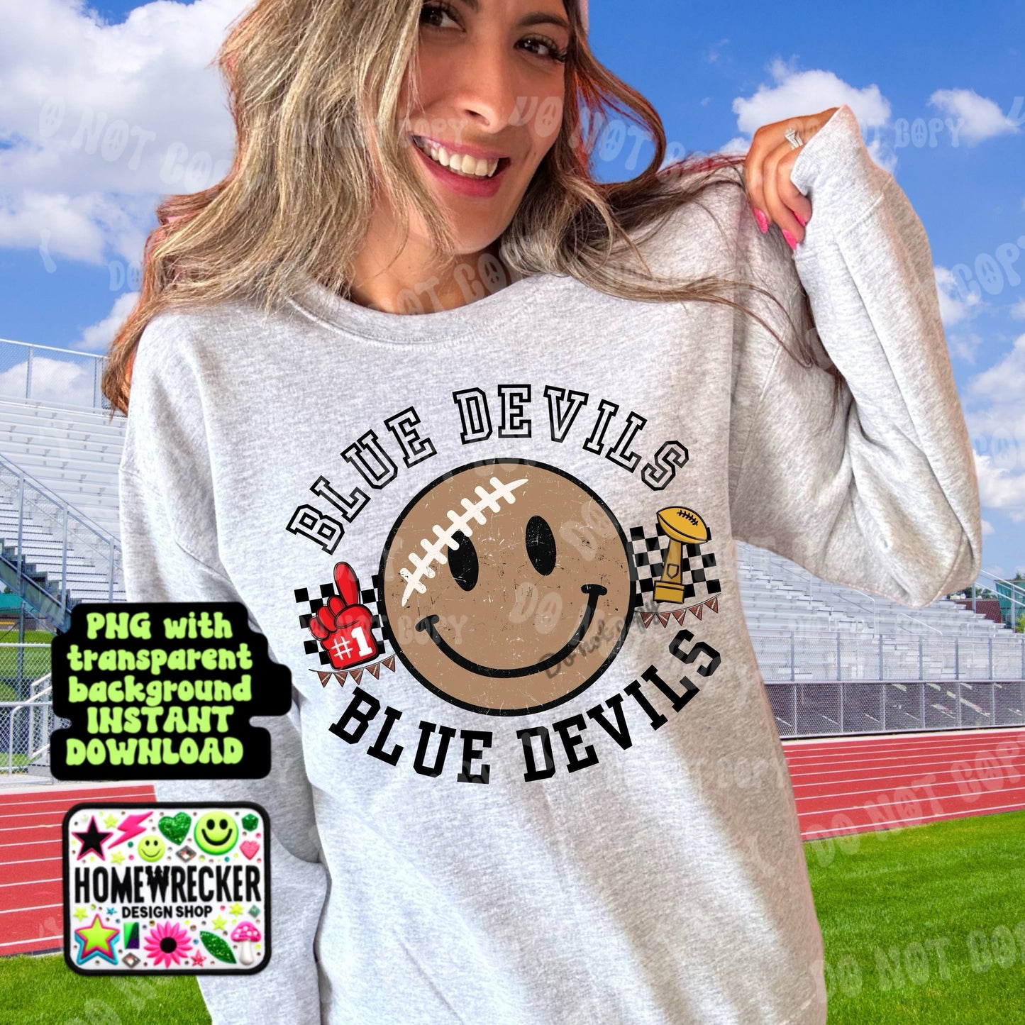 Retro Happy Football Distressed Mascot PNG School spirit design black to school Mascot Blue Devils | Homewrecker Design Shop