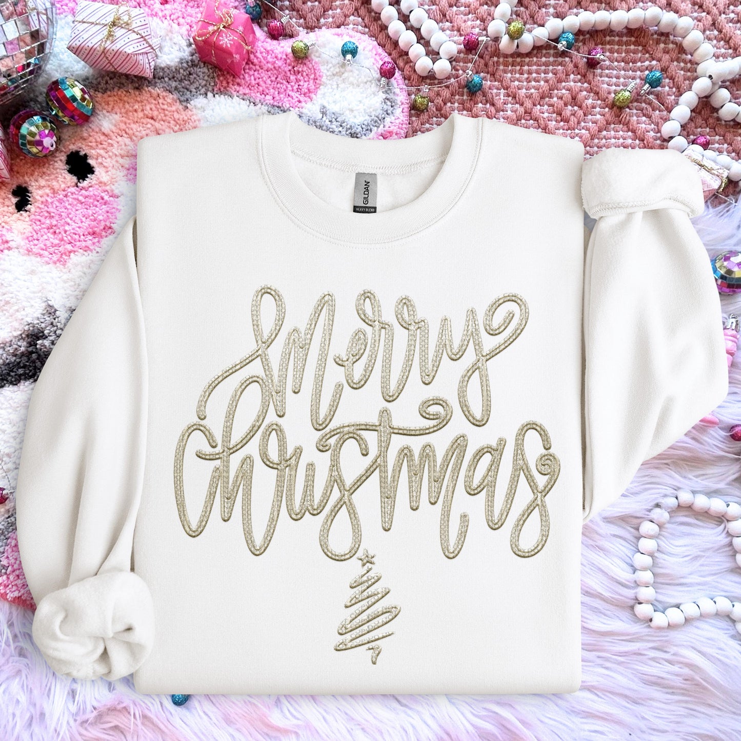 Merry Christmas PNG, IVORY faux embroidery digital design, Christmas Holiday design, tshirt design, Script Font Christmas PNG