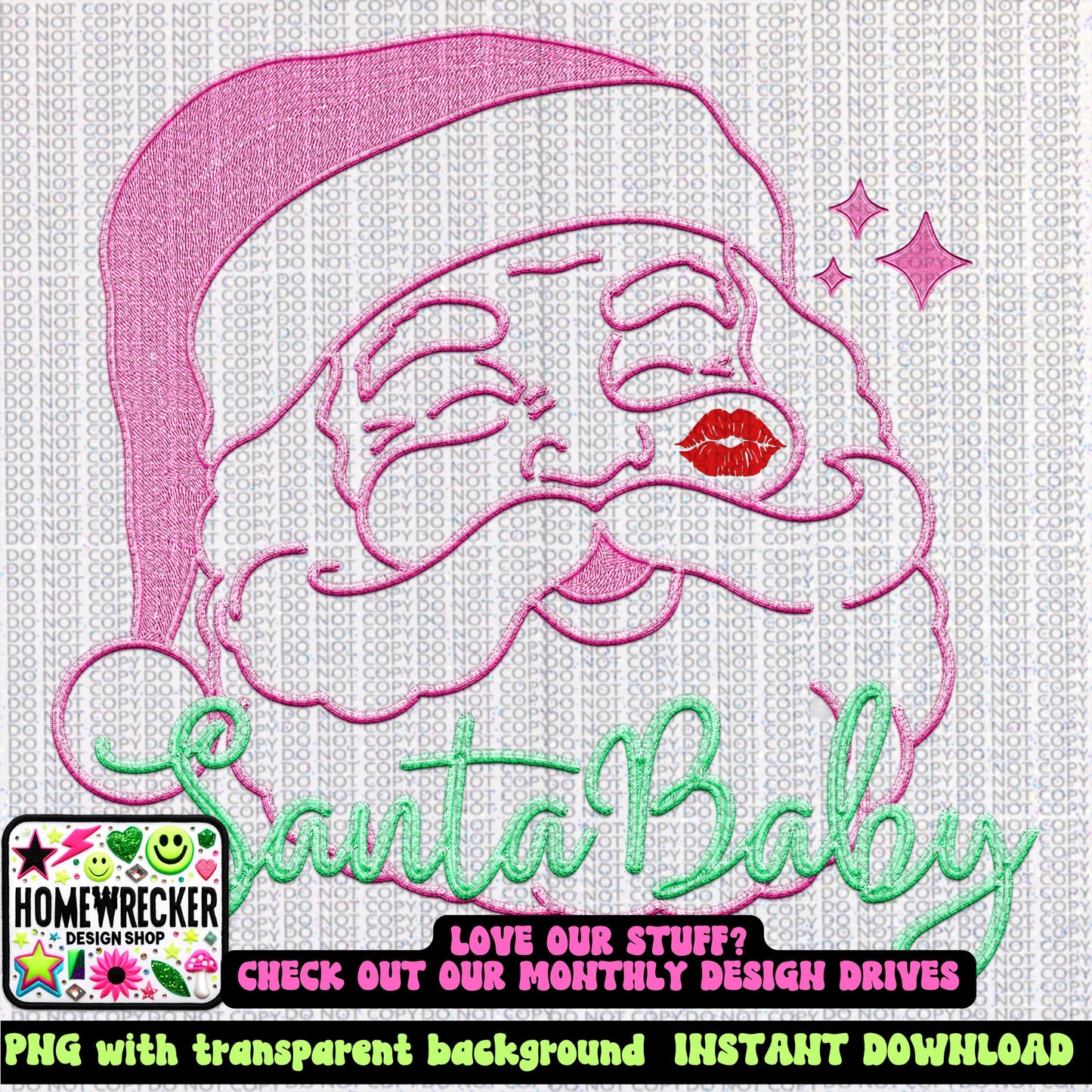 Santa Baby PNG, Pastel pink and green, faux embroidery digital design, Christmas Holiday design, tshirt design, Script Font Christmas PNG