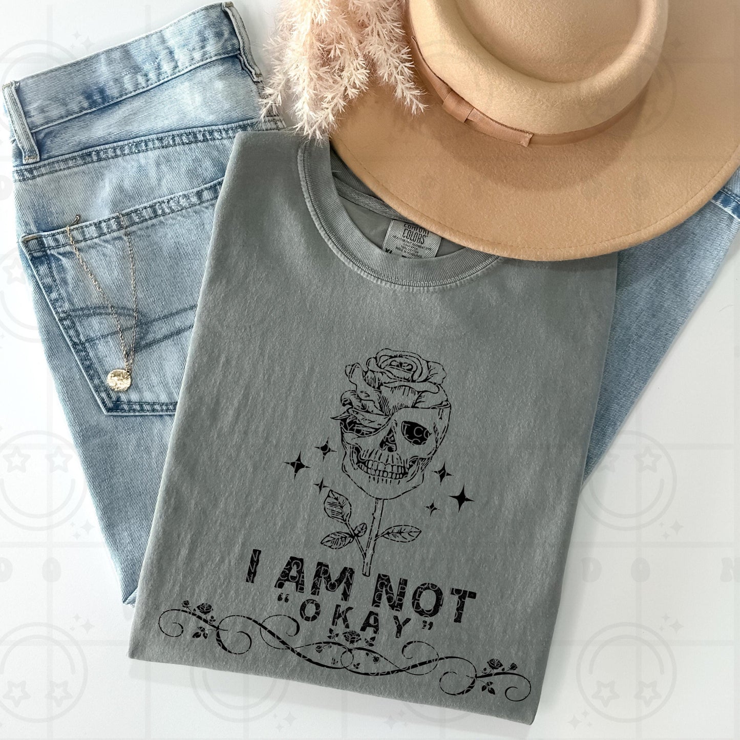 I am not okay PNG Digital Download | Grungy Distressed, Skeleton Roses, Digital design for sublimation, tshirts, DTF transfers and more