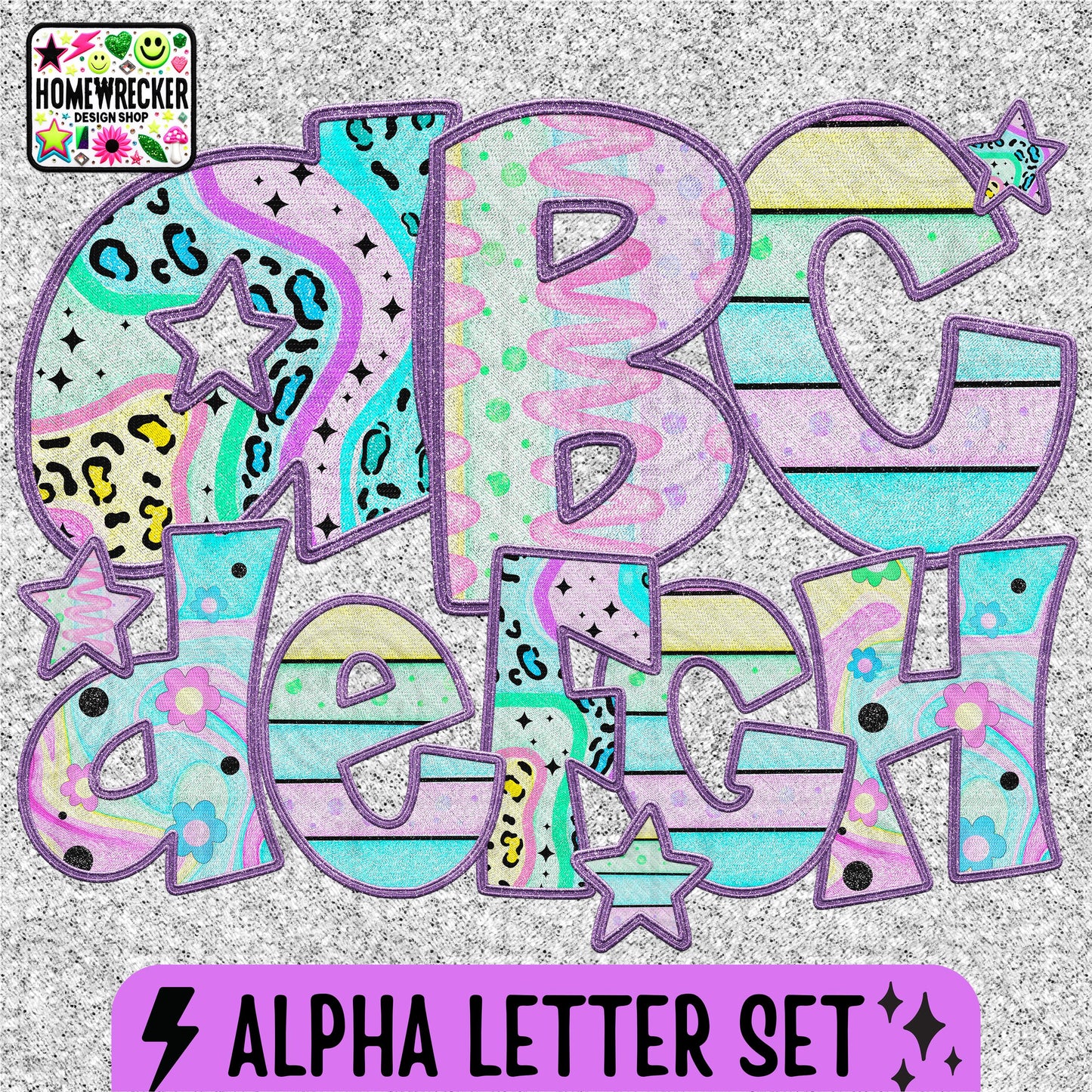 Pastel Leopard Print Swirl Themed Alpha Set | Faux Embroidery Alpha | individual letter files PNGs for DIY digital designs