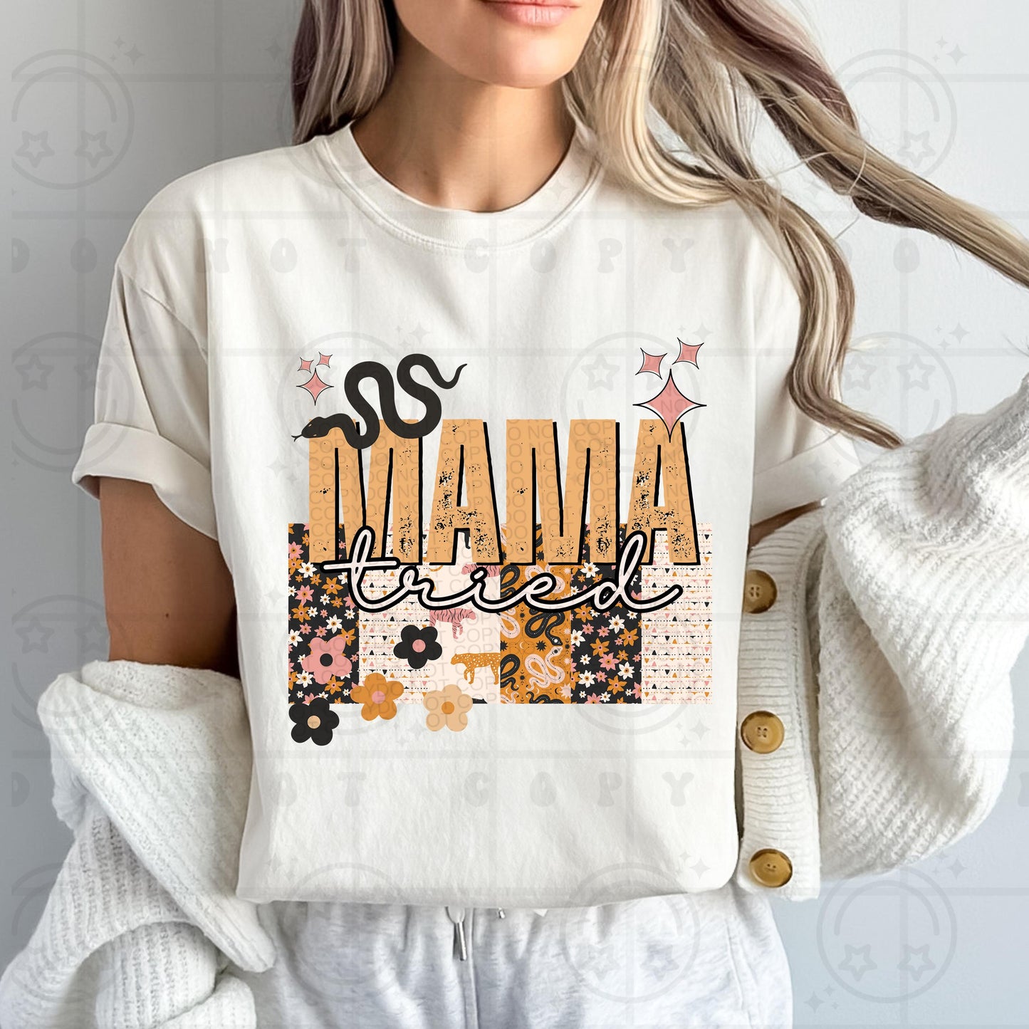 Mama tried PNG Digital Download | Western Boho Patchwork Sublimation | Grunge Distressed Text | Retro Snake Floral PNG for T-Shirts