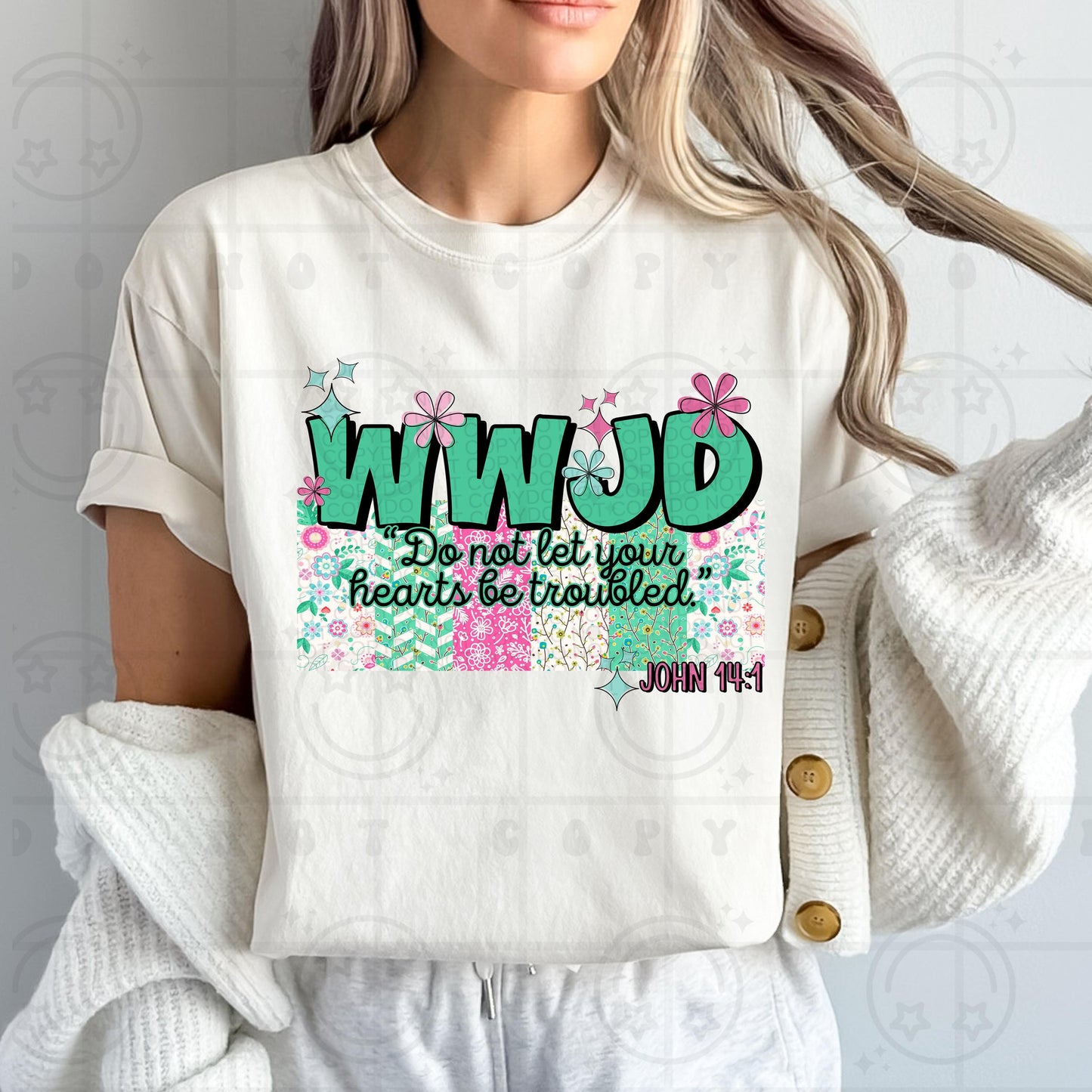 WWJD Do not let your hearts be troubled PNG Christian Sublimation Design Scripture Bible Verse png Retro Floral Jesus PNG Digital Download